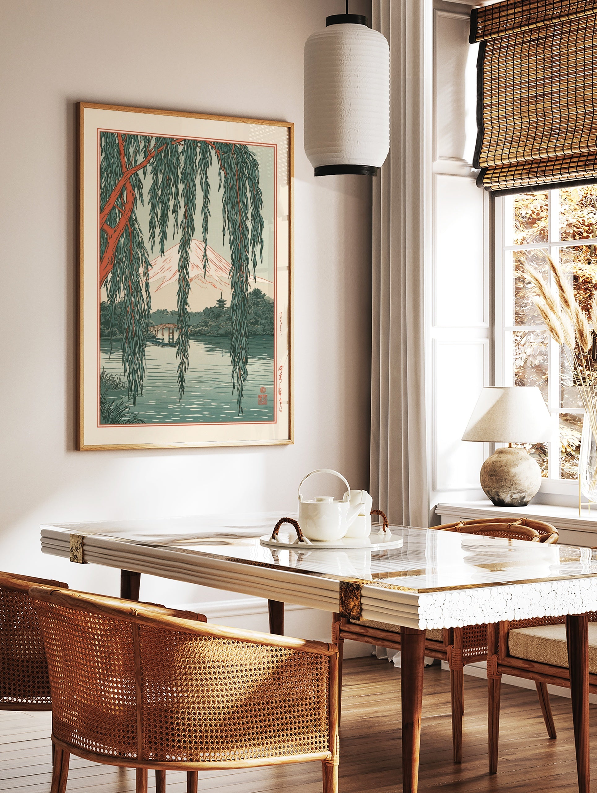 Japanese landscape art print featuring Mt. Fuji, a pagoda, and a bridge framed by hanging willow, in a styled room mockup