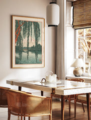Japanese landscape art print featuring Mt. Fuji, a pagoda, and a bridge framed by hanging willow, in a styled room mockup
