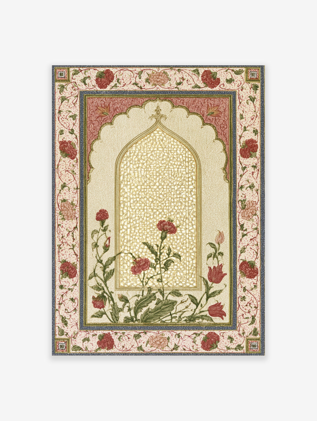 Mughal arch floral poster with red carnations and tulips on gold lattice, ornate Indian botanical print
