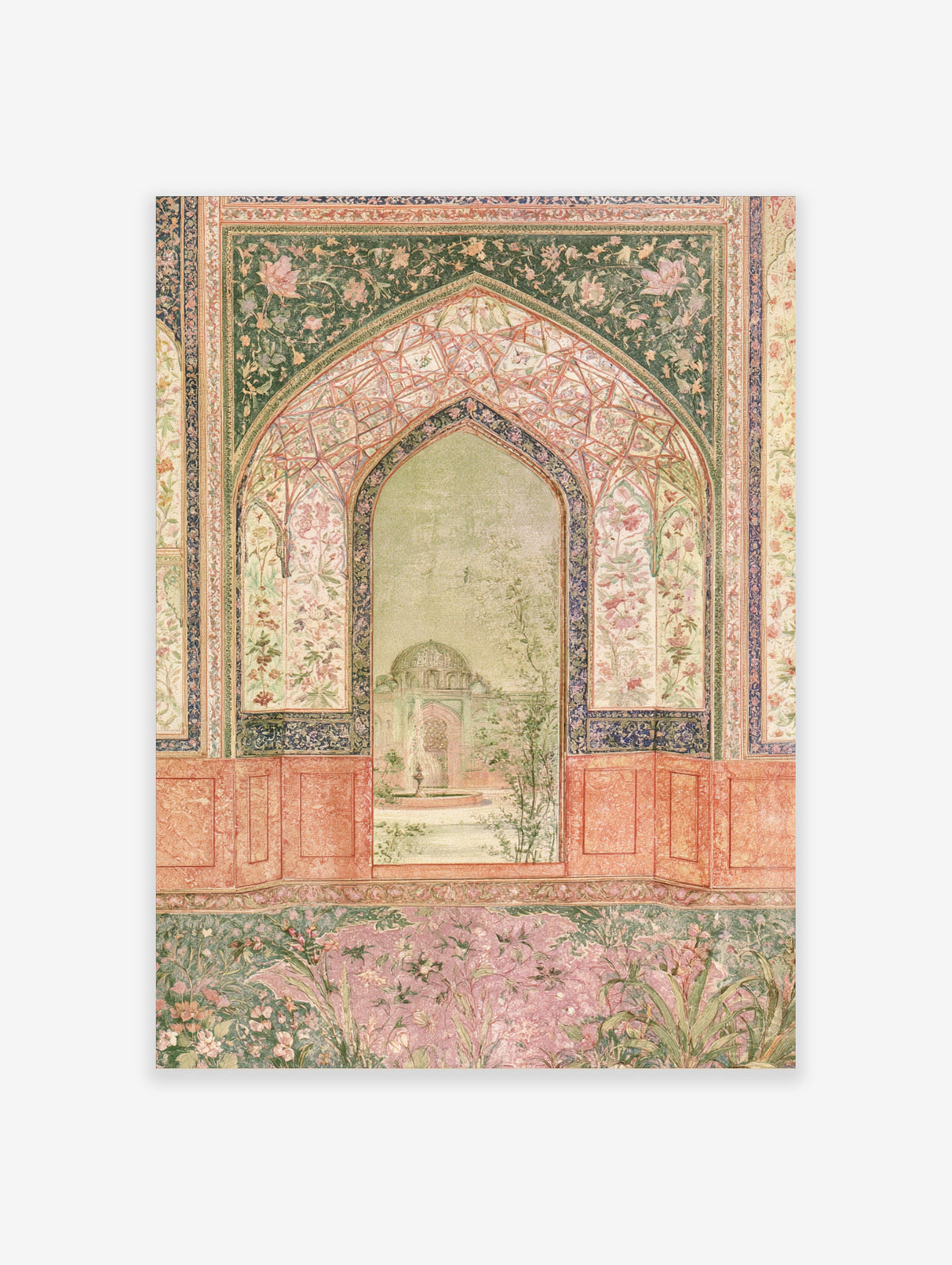 Mughal arch wall art print with floral spandrels and a garden fountain view