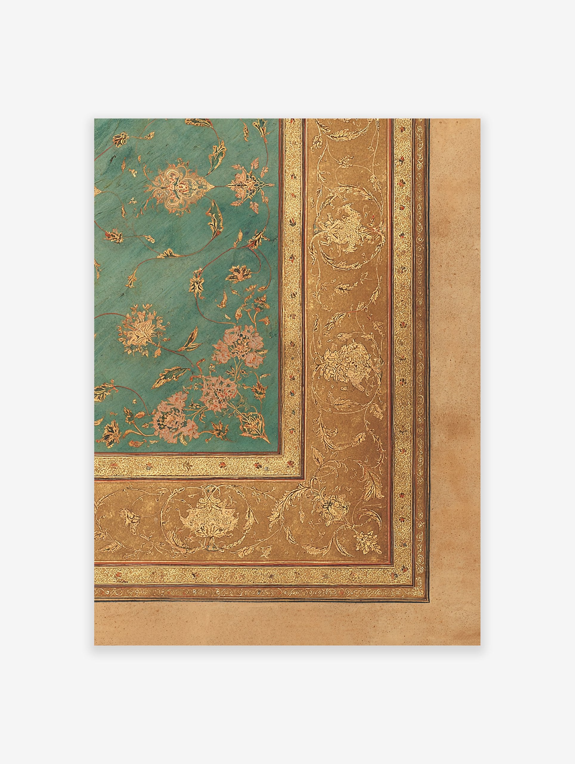 Ornate Mughal Art Print with teal floral pattern and intricate gold border, featuring stylized flowers and vines.