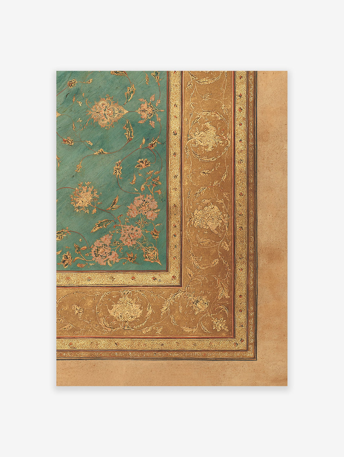 Ornate Mughal Art Print with teal floral pattern and intricate gold border, featuring stylized flowers and vines.