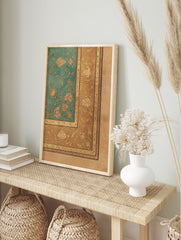 Ornate Mughal Art Print with teal floral pattern and intricate gold border, featuring stylized flowers and vines. - Image 3