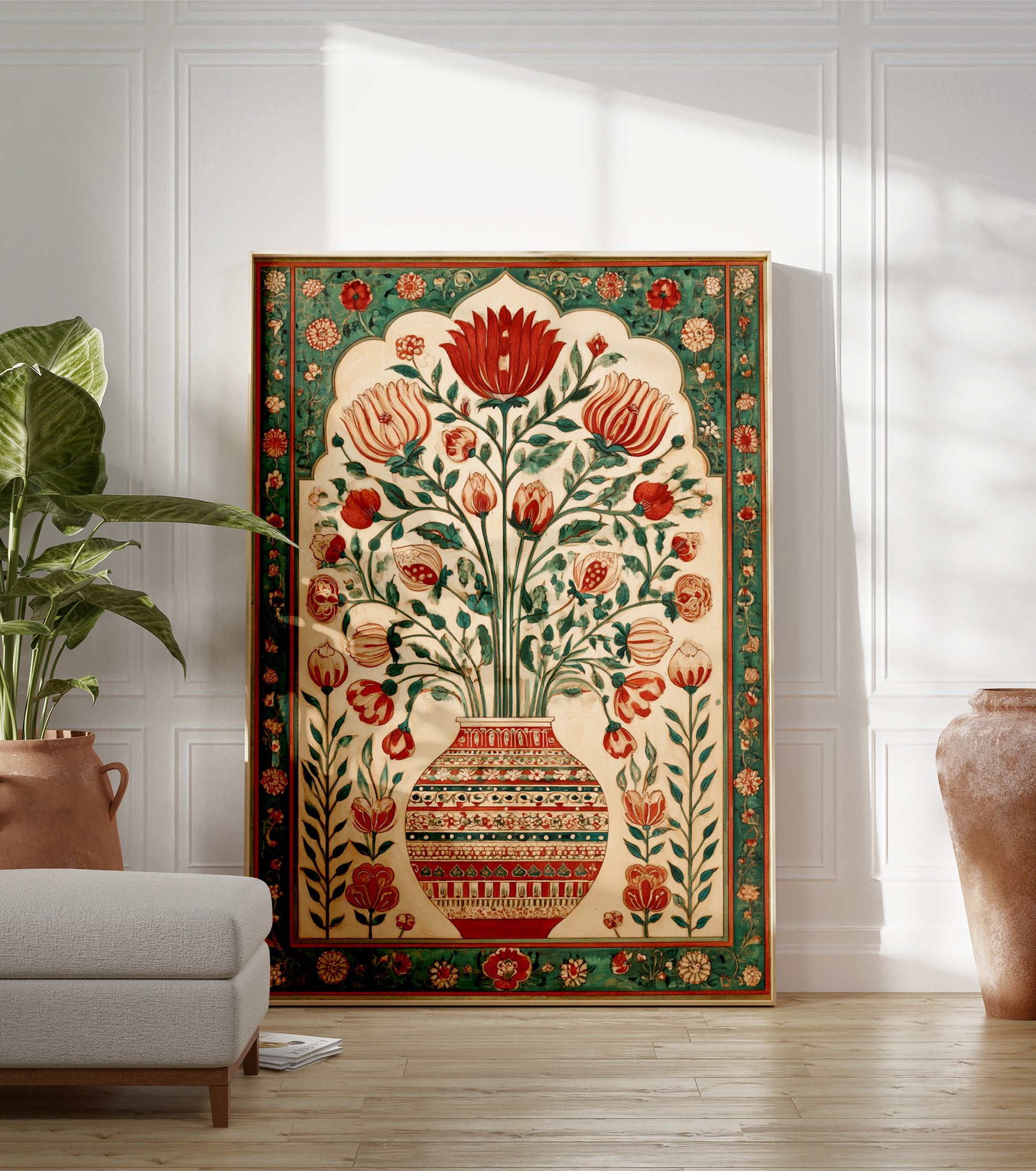 Mughal floral vase botanical poster with red and green flowers in an ornate patterned vase and decorative border - Image 3