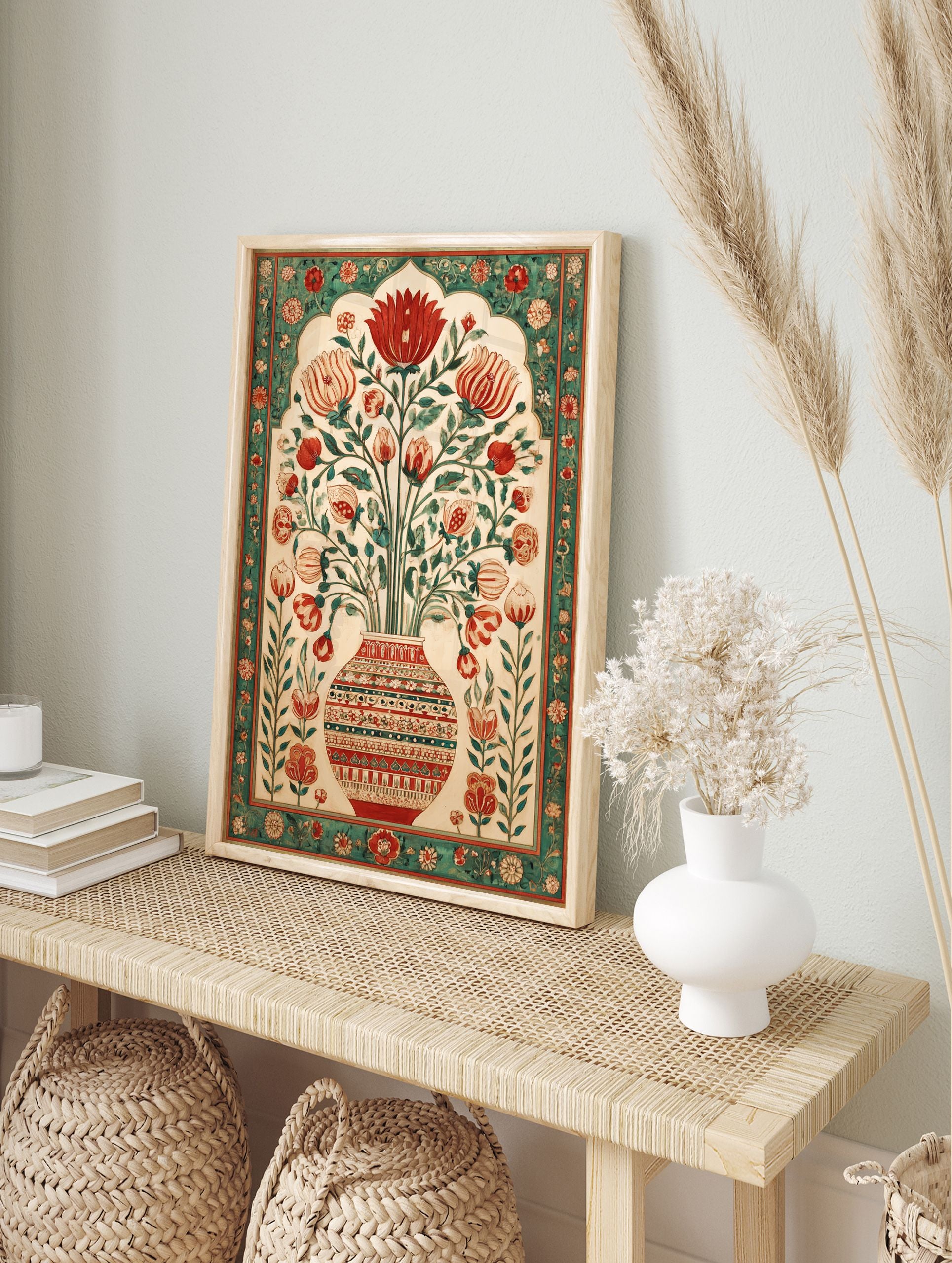 Mughal floral vase botanical poster with red and green flowers in an ornate patterned vase and decorative border - Image 4