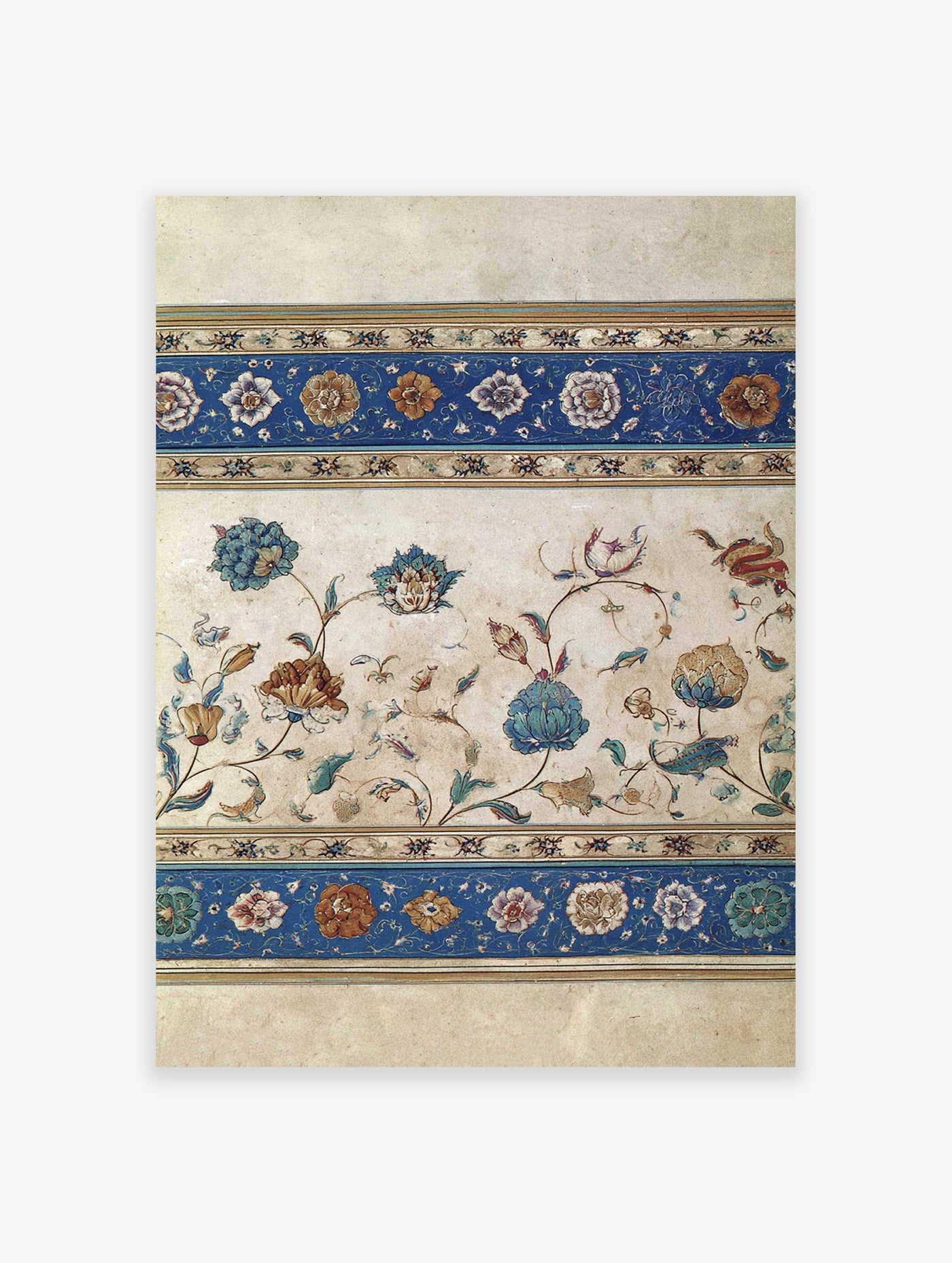 Mughal floral wall art print with intricate botanical design and blue decorative borders on an aged background.
