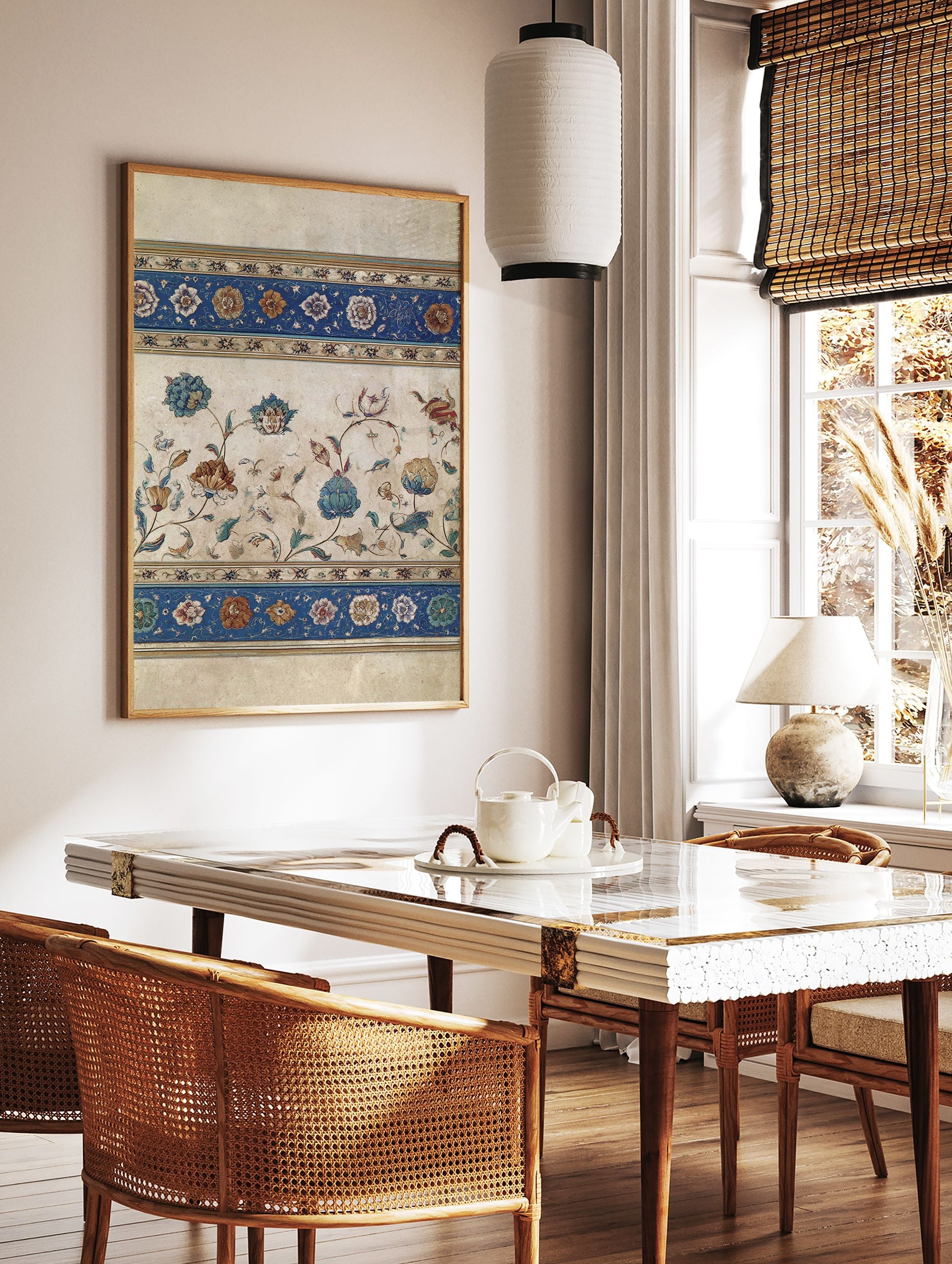 Mughal floral wall art print with intricate botanical design and blue decorative borders on an aged background. - Image 2