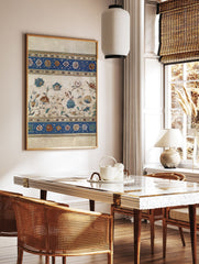 Mughal floral wall art print with intricate botanical design and blue decorative borders on an aged background. - Image 2