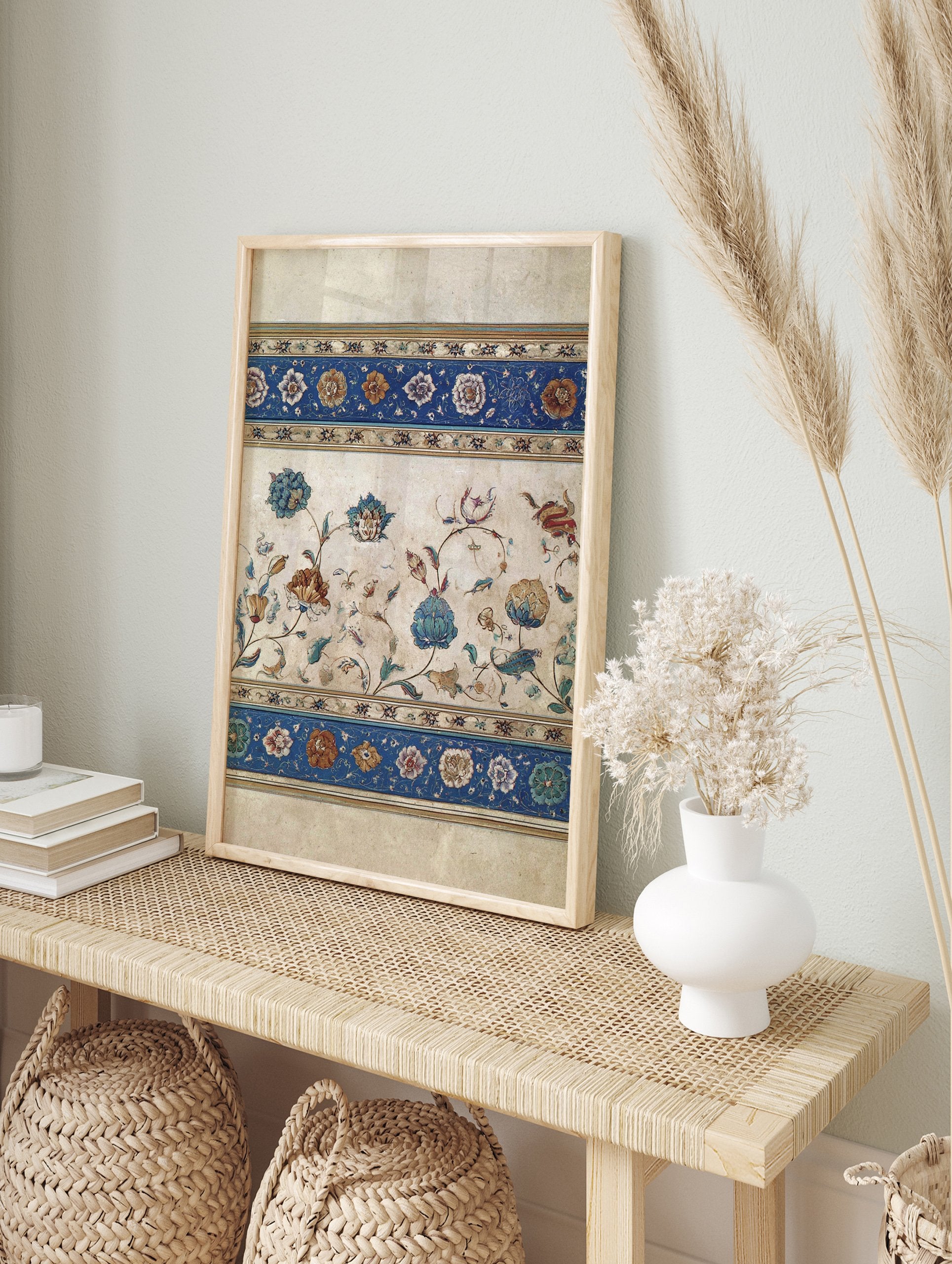 Mughal floral wall art print with intricate botanical design and blue decorative borders on an aged background. - Image 3