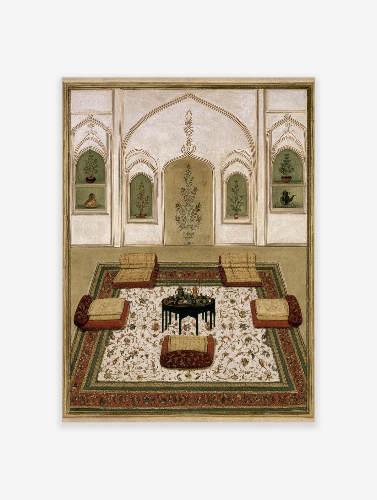 Mughal interior miniature painting with floor cushions, a central table, and floral arched wall niches