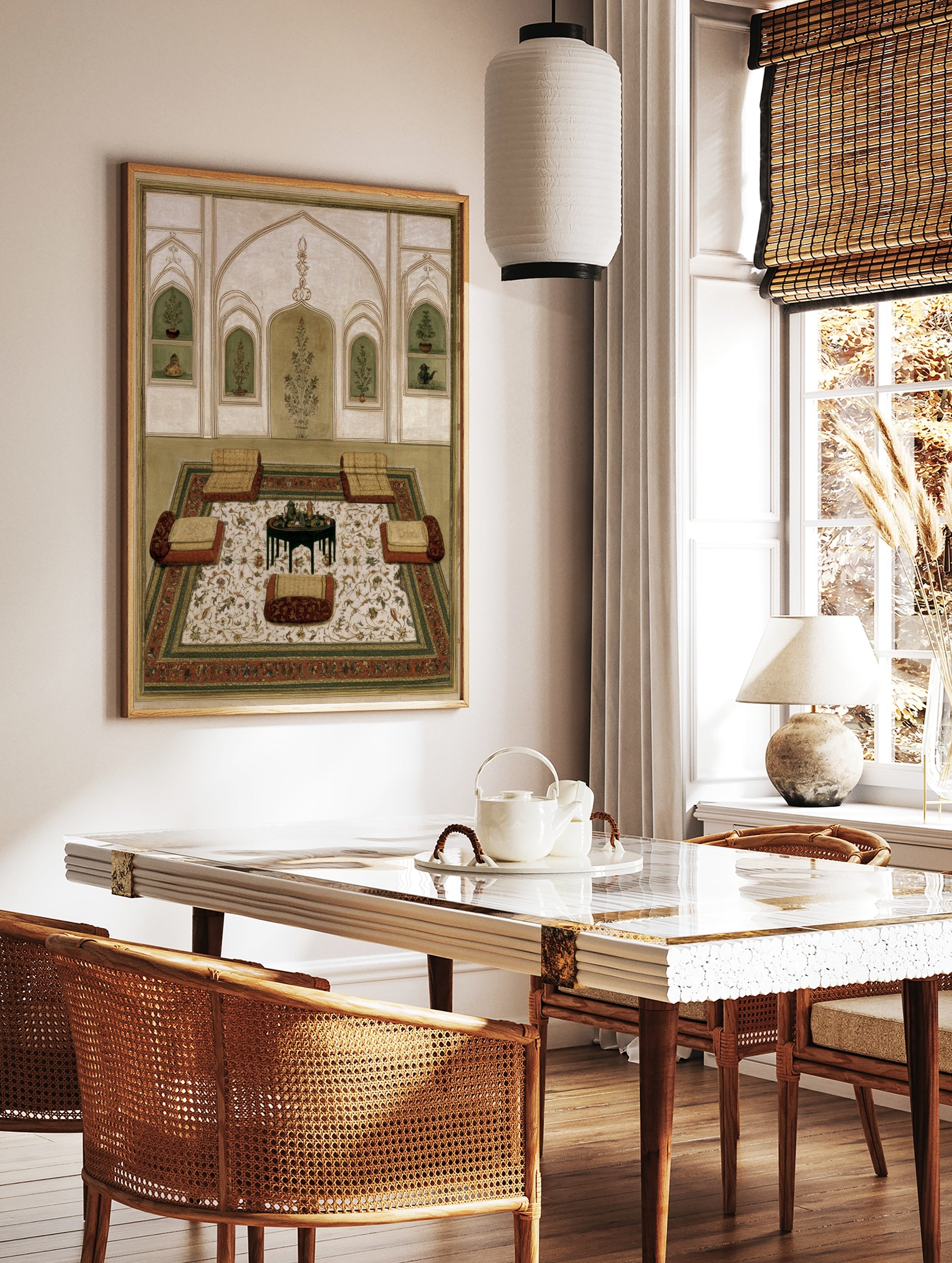 Mughal interior miniature painting with floor cushions, a central table, and floral arched wall, in a styled room mockup