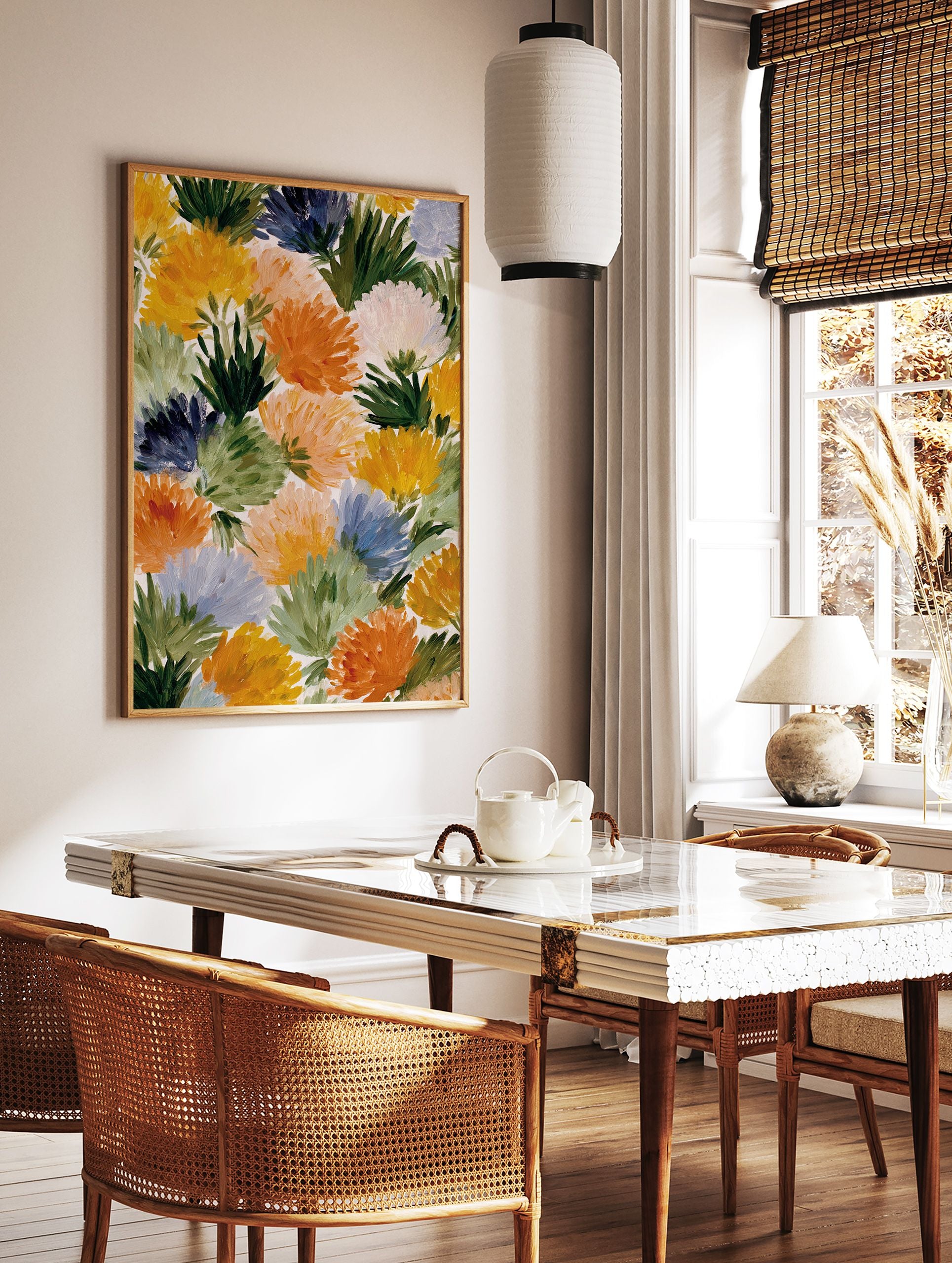 Multi-color abstract flower wall art painting with expressive brushstrokes, featuring yellow, orange, blue, and green blooms. - Image 2