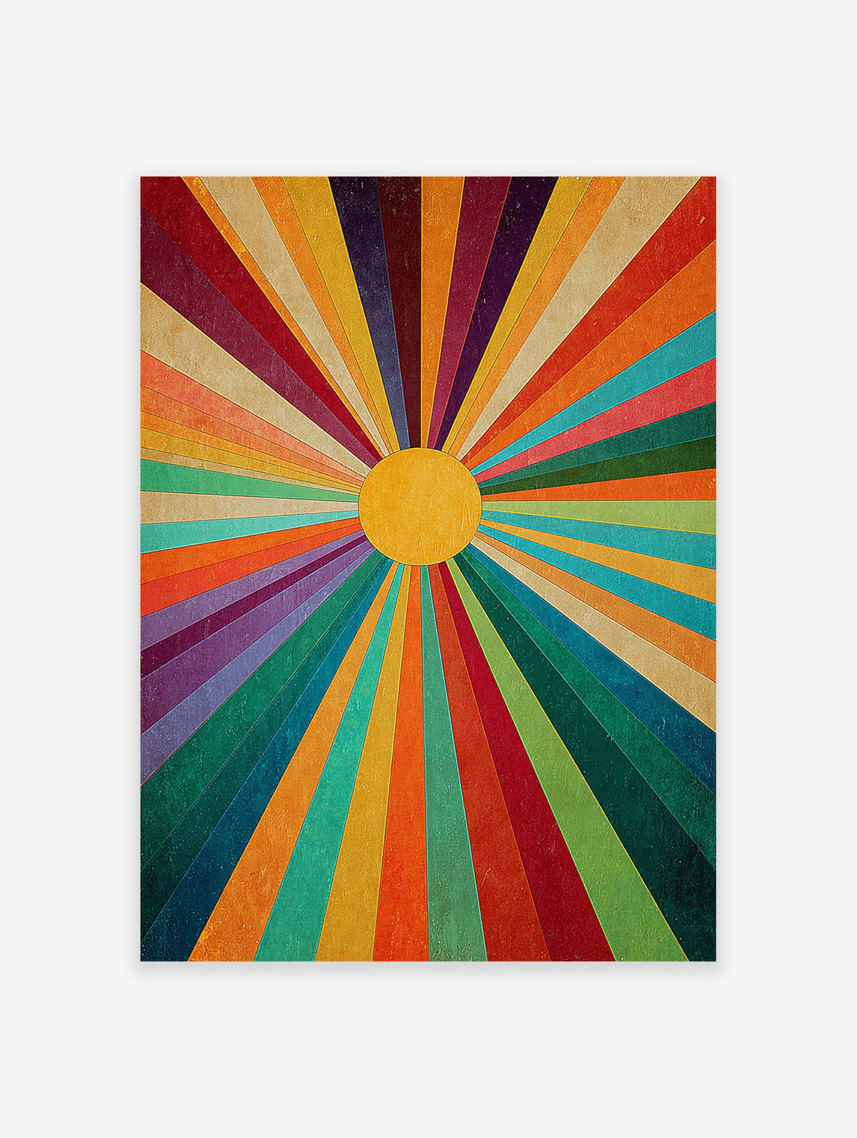 Multi-color sunburst radial pattern wall art with a yellow center and textured, retro abstract design.