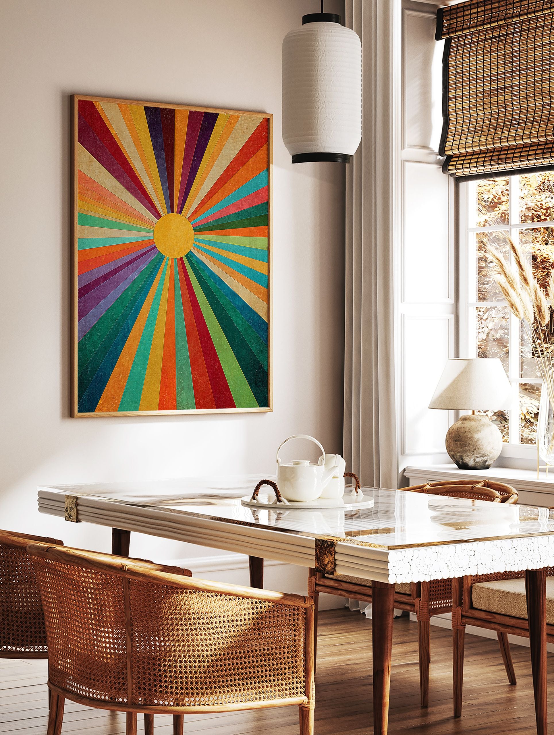 Multi-color sunburst radial pattern wall art with a yellow center and textured, retro abstract design. - Image 3
