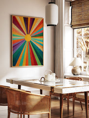 Multi-color sunburst radial pattern wall art with a yellow center and textured, retro abstract design. - Image 3