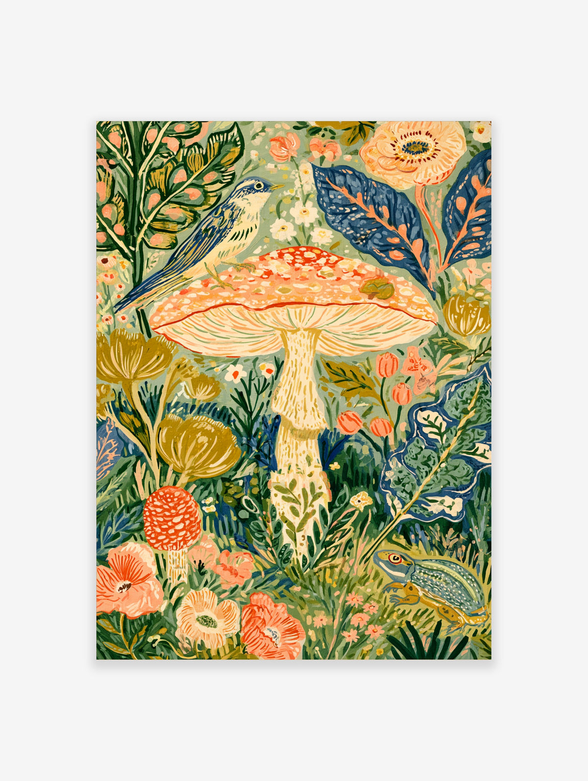 Colourful mushroom and bird art print with blue songbird on red toadstool and green leaves