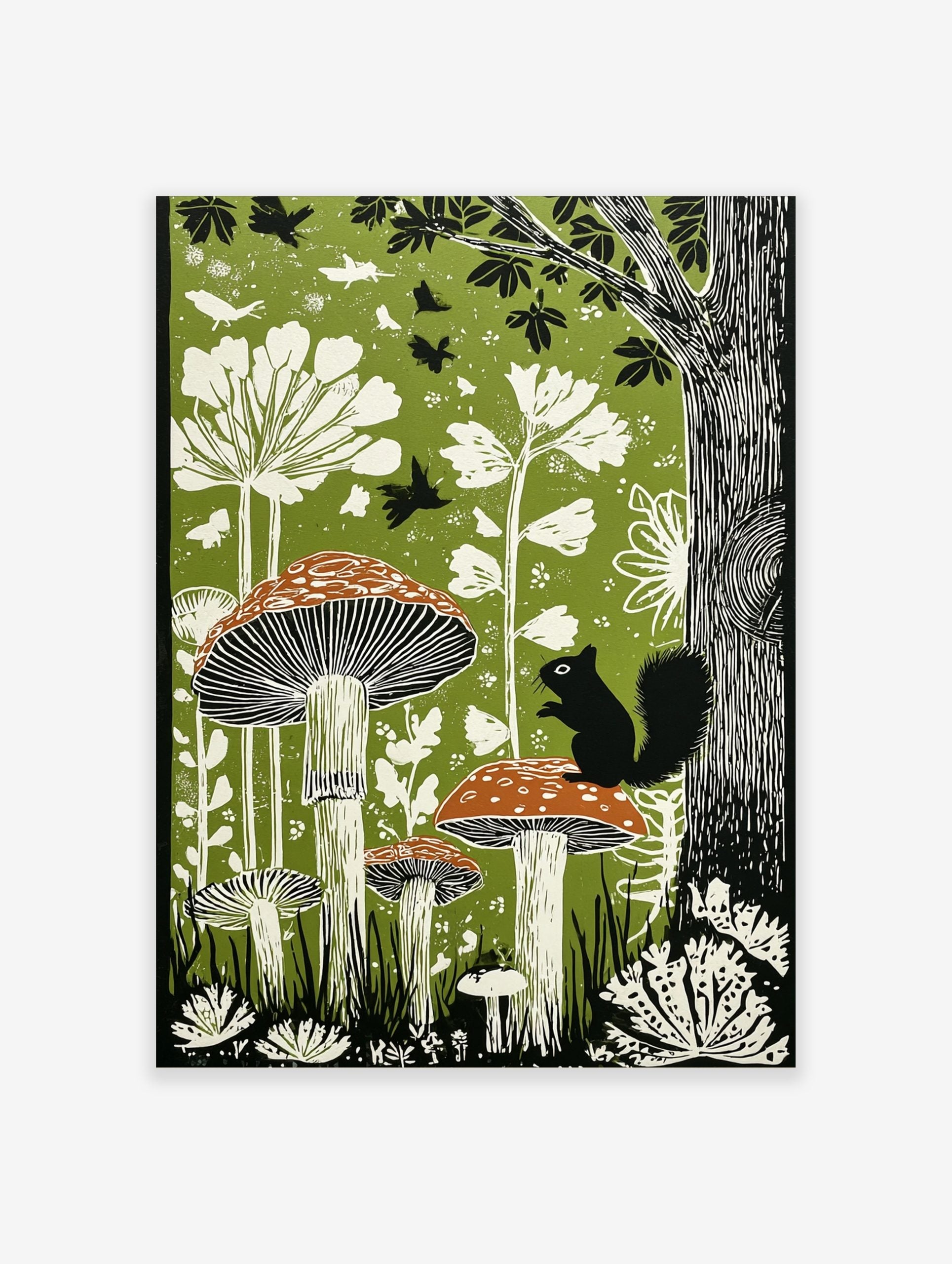 Illustrative green forest print with black squirrel on spotted mushroom and white plants