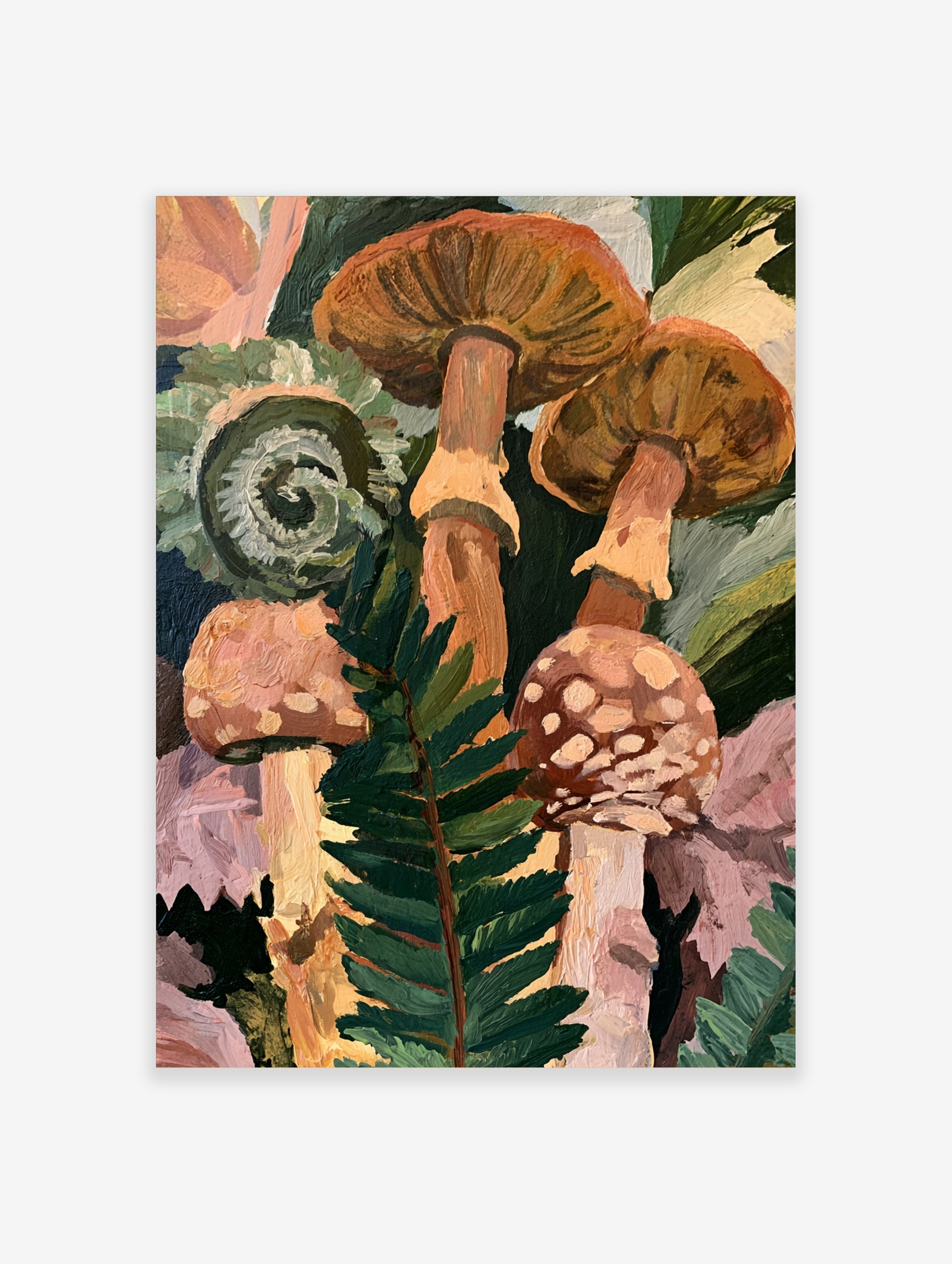 Botanical art print of forest mushrooms and a curled fern frond in shades of orange, green, and pink on a dark background