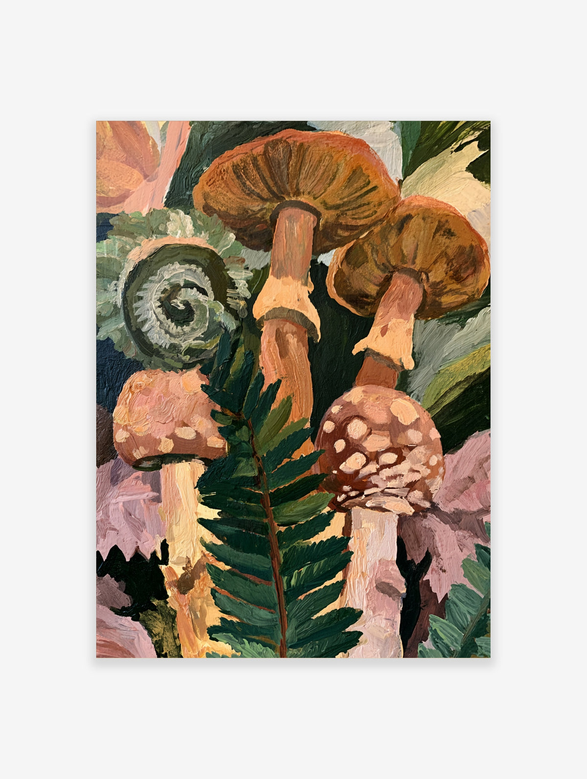 Botanical art print of forest mushrooms and a curled fern frond in shades of orange, green, and pink on a dark background