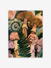 Botanical art print of forest mushrooms and a curled fern frond in shades of orange, green, and pink on a dark background