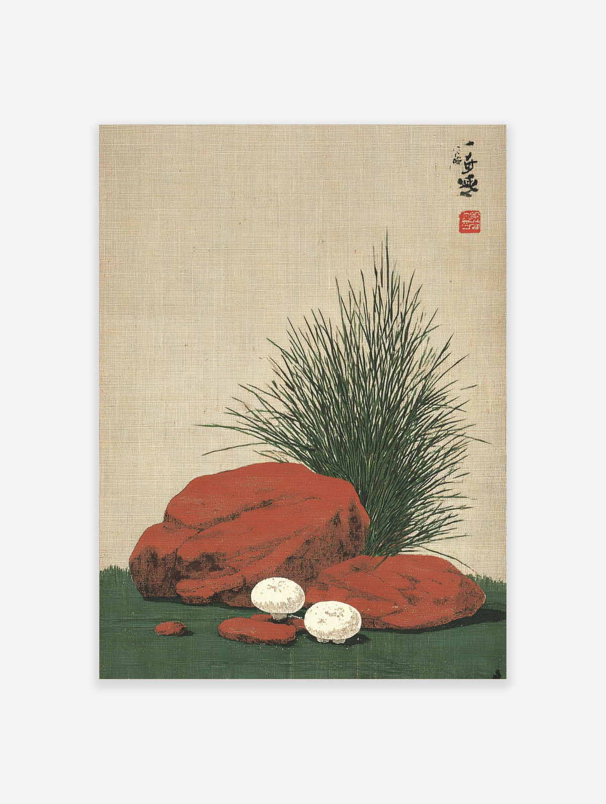 Japanese still life print of white mushrooms, reddish-brown rocks, and green grass on a textured beige background