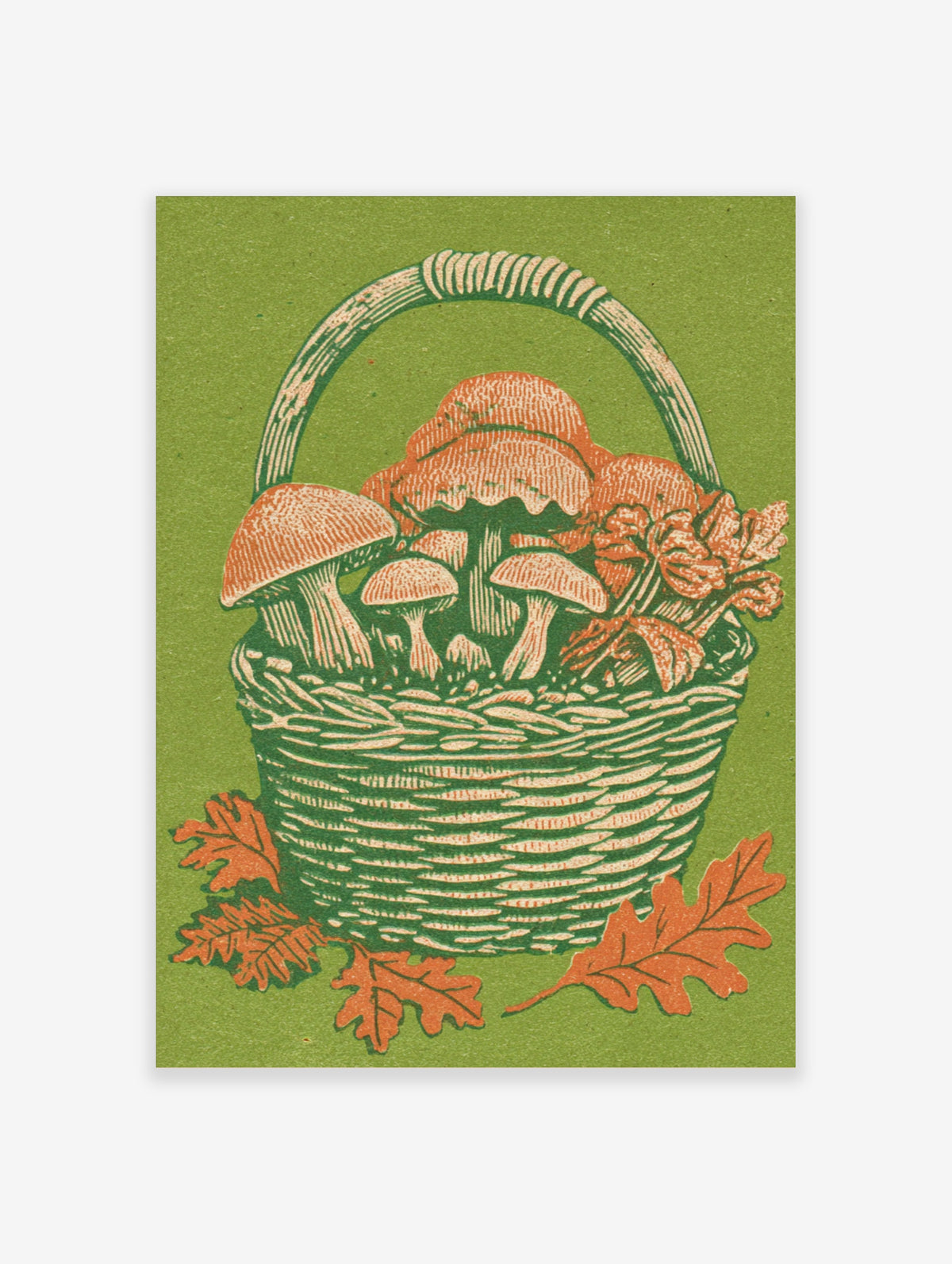 Mushroom basket poster with red-capped fungi and oak leaves on a green background, unframed paper print