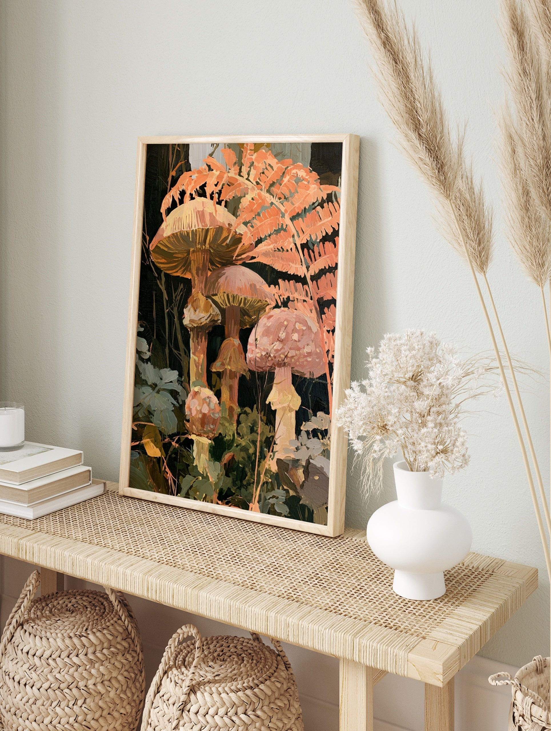 Botanical art print of forest mushrooms and fern fronds in warm orange and terracotta colours, in an alternate framed mockup