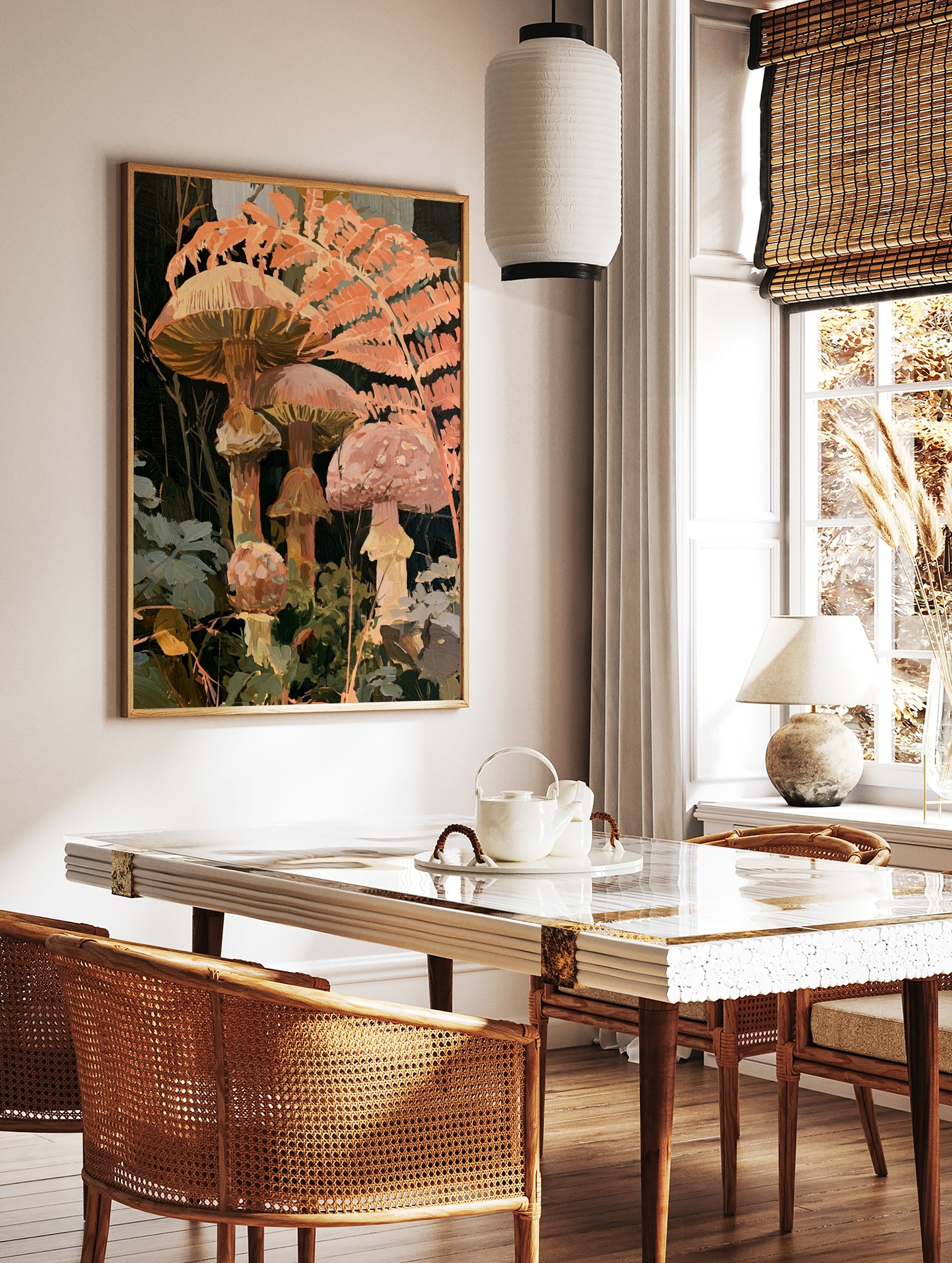 Botanical art print of forest mushrooms and fern fronds in warm orange and terracotta colours on a, in a styled room mockup