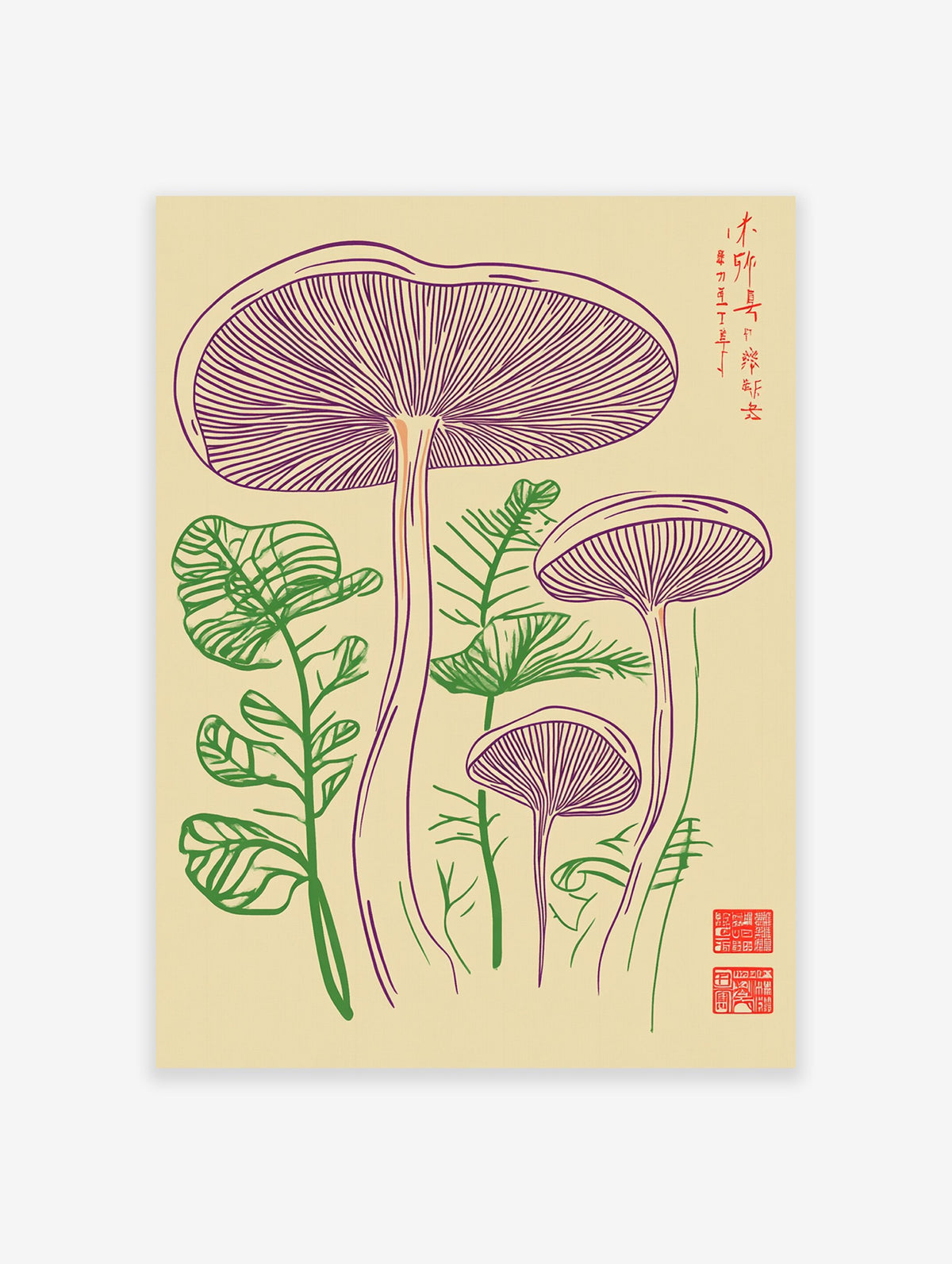 Mushroom botanical poster featuring purple fungi and green plants in a detailed line art illustration on a beige background.