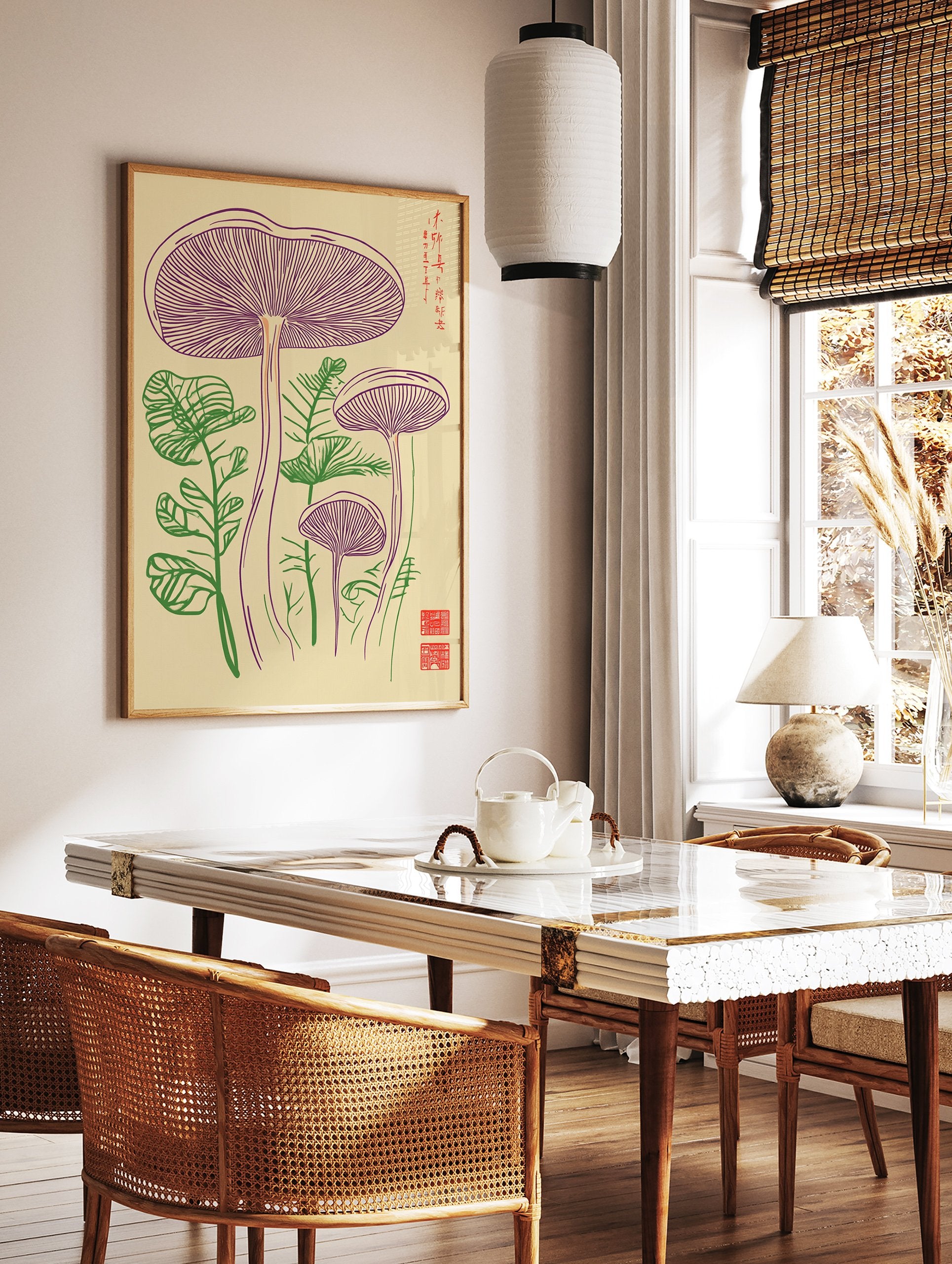 Mushroom botanical poster featuring purple fungi and green plants in a detailed line art illustration on a beige background. - Image 2