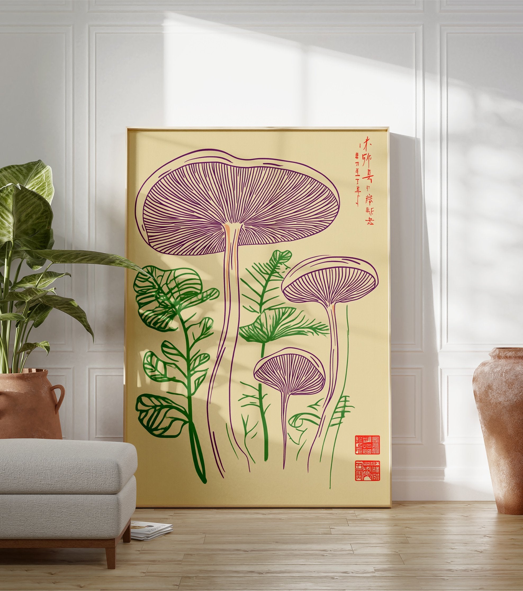 Mushroom botanical poster featuring purple fungi and green plants in a detailed line art illustration on a beige background. - Image 3
