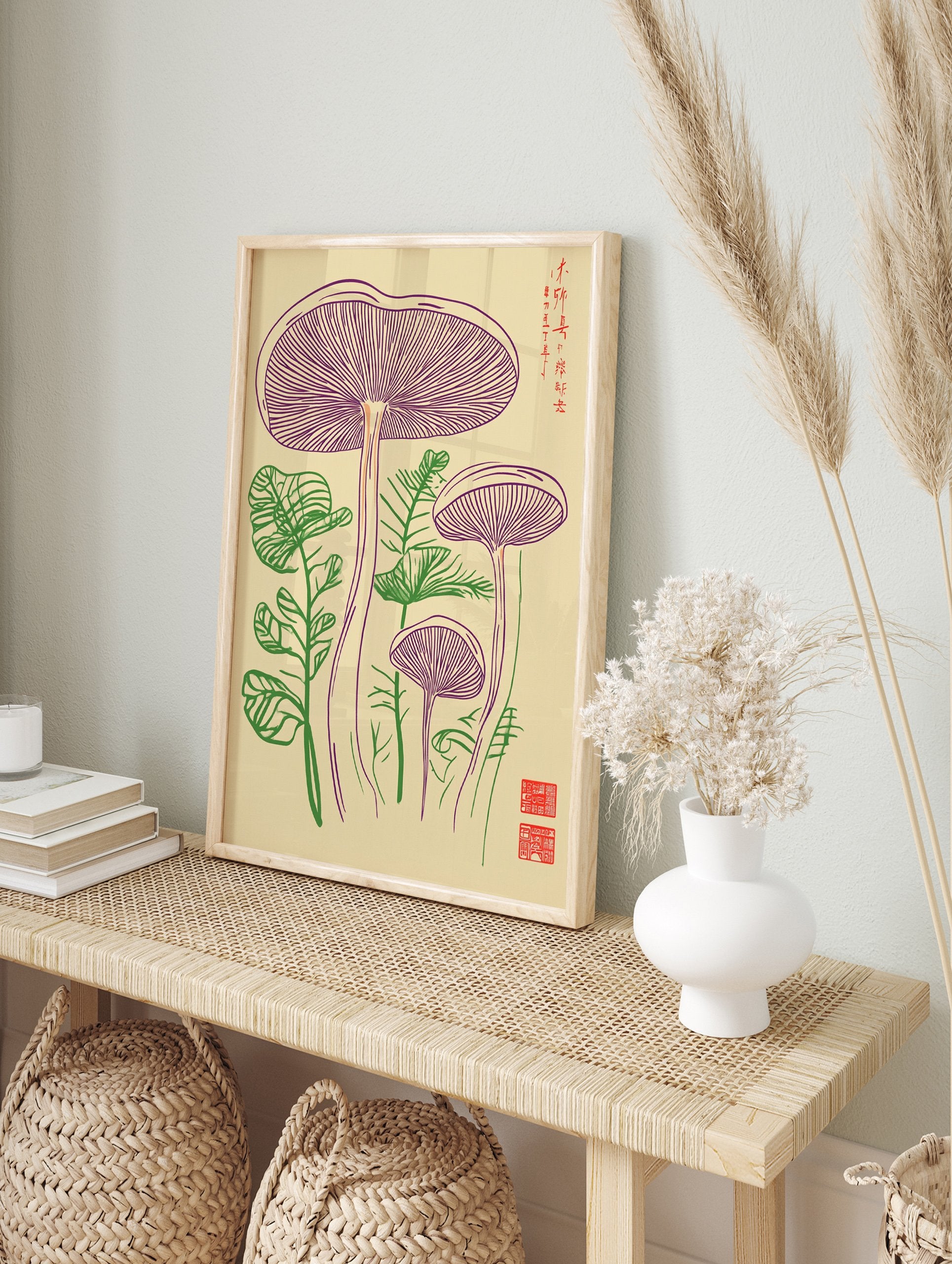 Mushroom botanical poster featuring purple fungi and green plants in a detailed line art illustration on a beige background. - Image 4