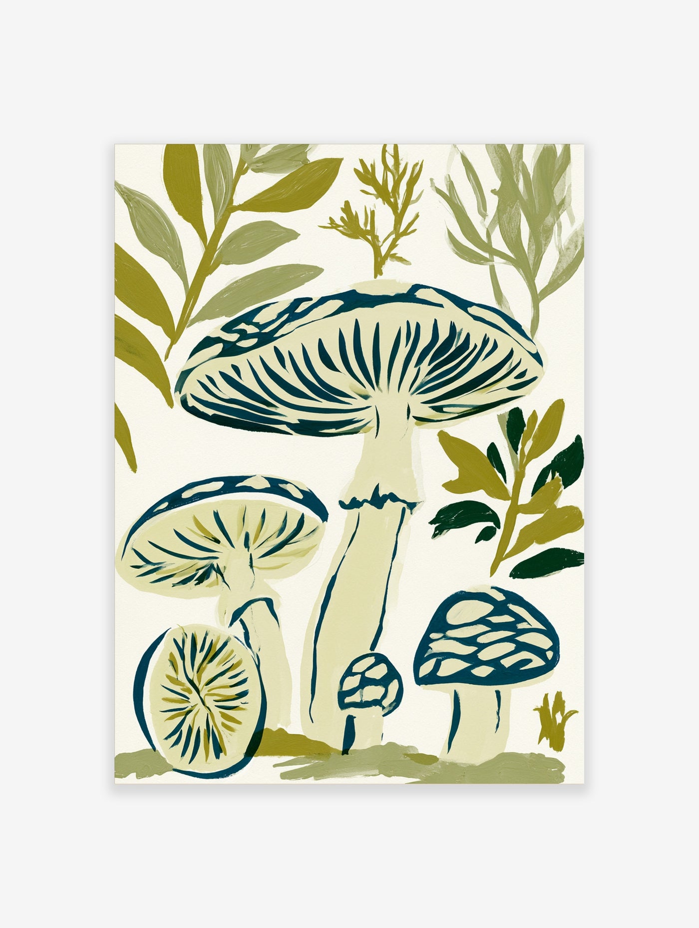 Botanical mushroom illustration with blue and green fungi and leaves on cream background