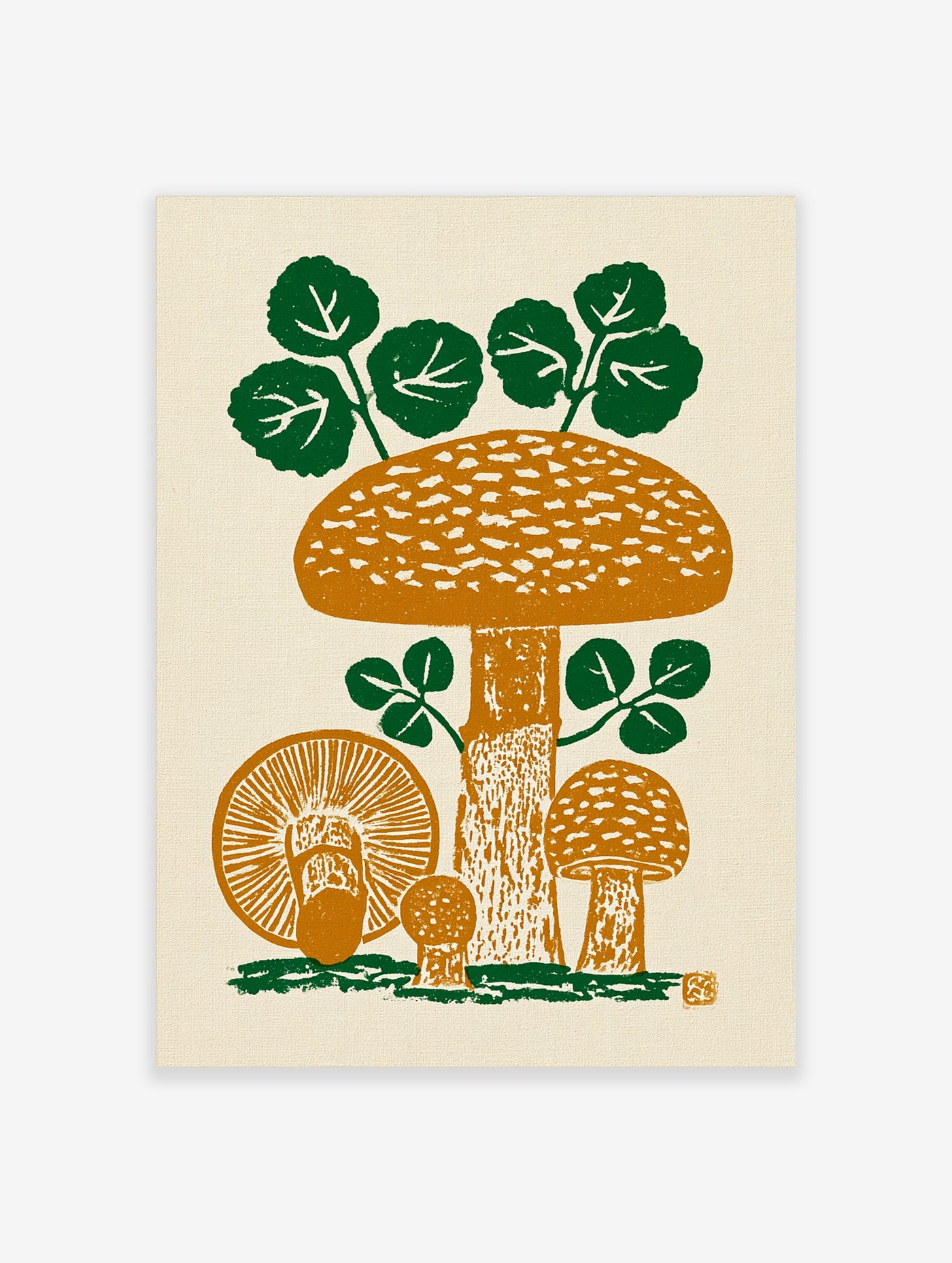 Orange mushroom botanical illustration with green leaves on cream background, unframed art print