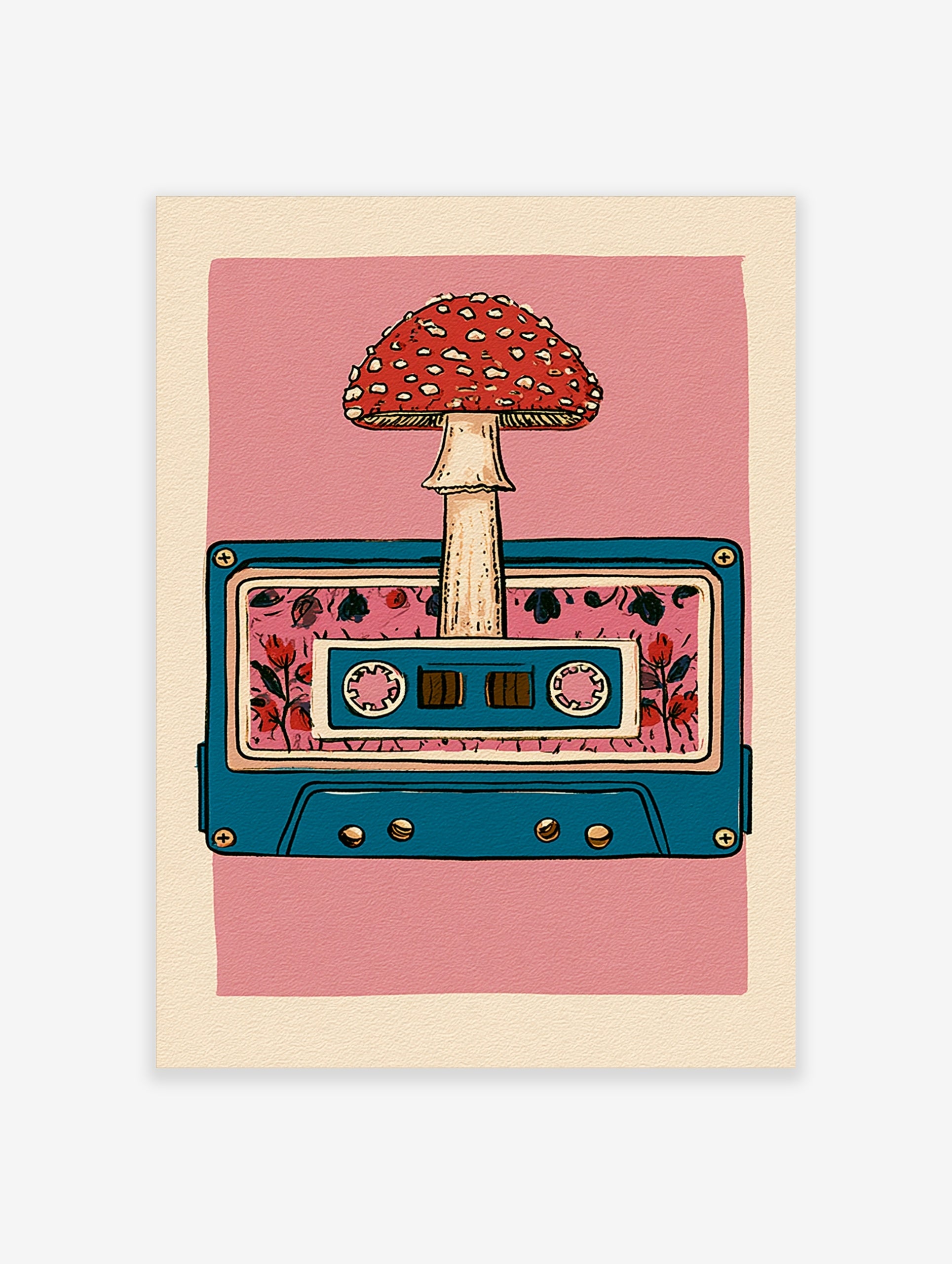 Retro cassette tape illustration with a red mushroom and floral pattern on a pink background, illustrative wall art