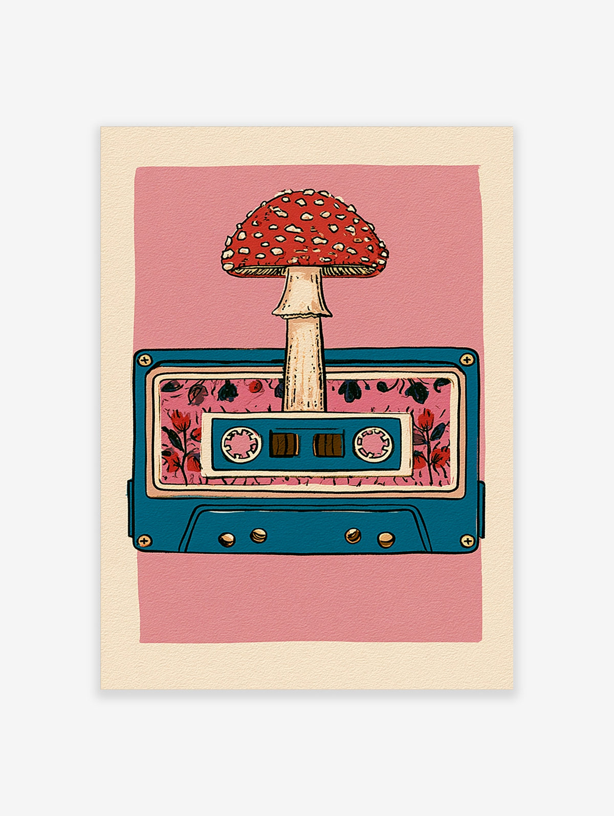 Retro cassette tape illustration with a red mushroom and floral pattern on a pink background, illustrative wall art