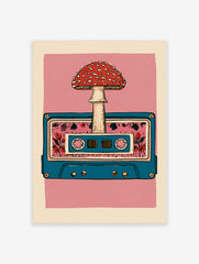 Retro cassette tape illustration with a red mushroom and floral pattern on a pink background, illustrative wall art