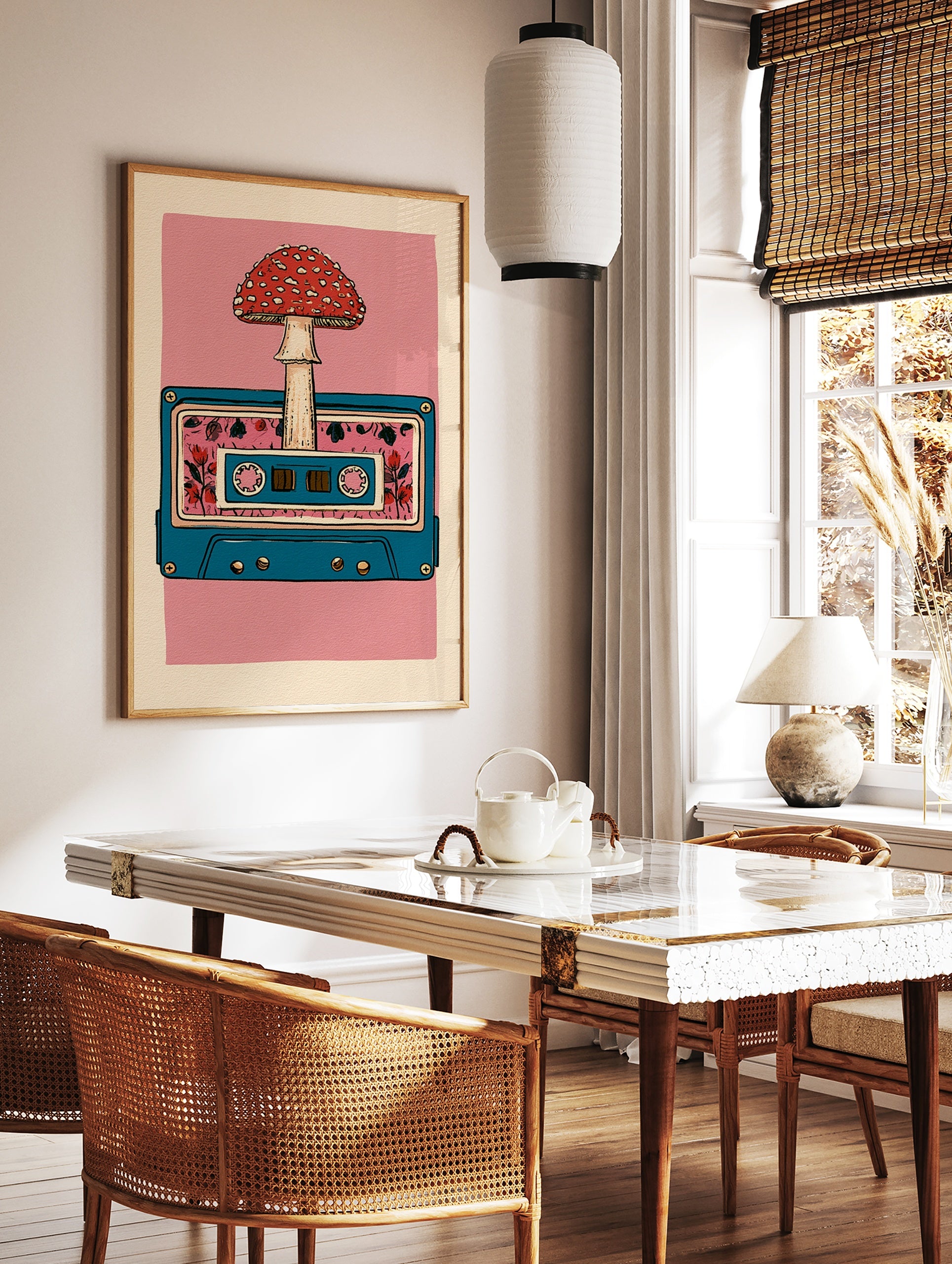 Retro cassette tape illustration with a red mushroom and floral pattern on a pink background, in a styled room mockup