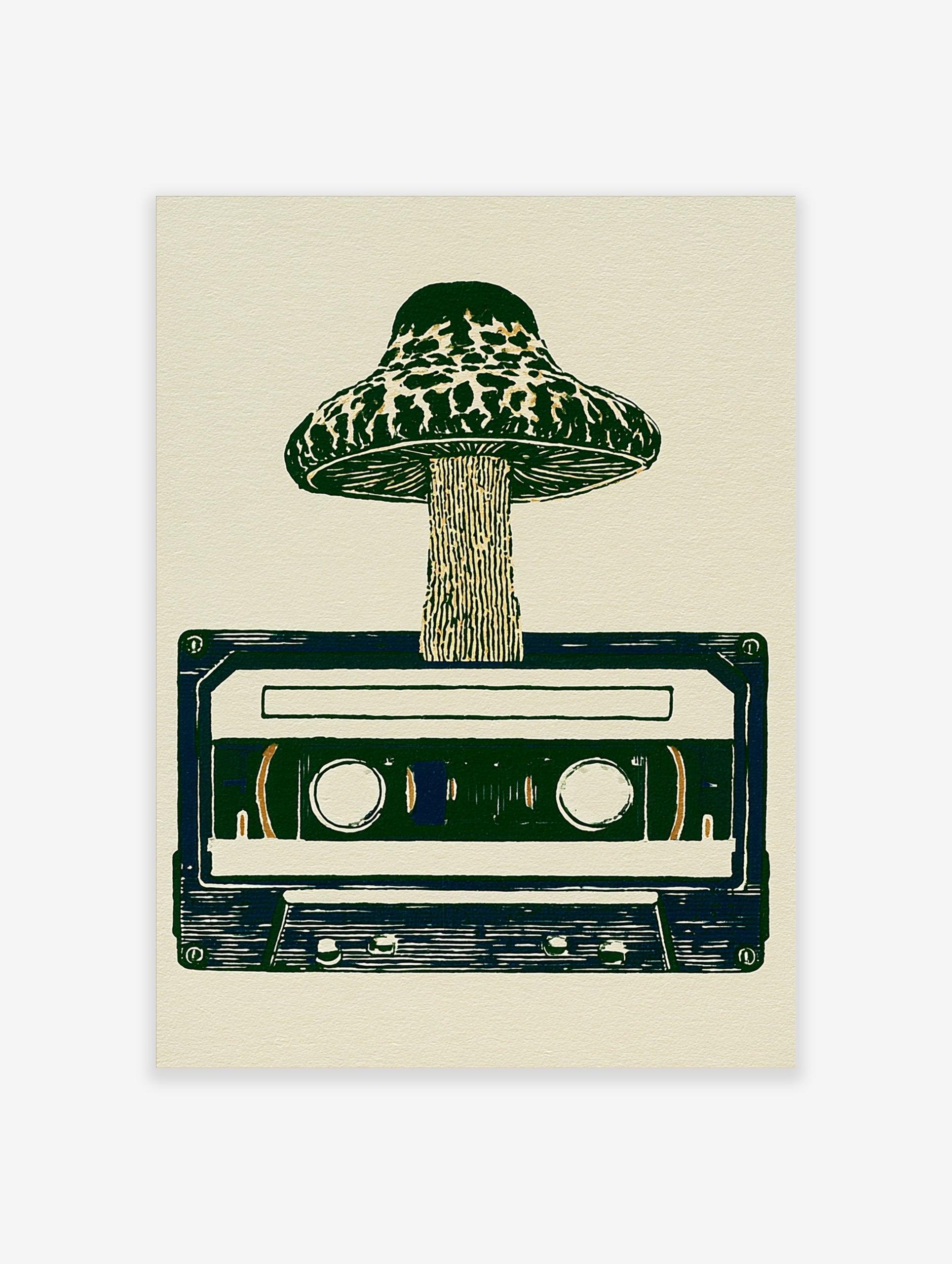 Mushroom sprouting from a retro cassette tape, illustrative art print in green and cream