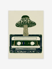 Mushroom sprouting from a retro cassette tape, illustrative art print in green and cream