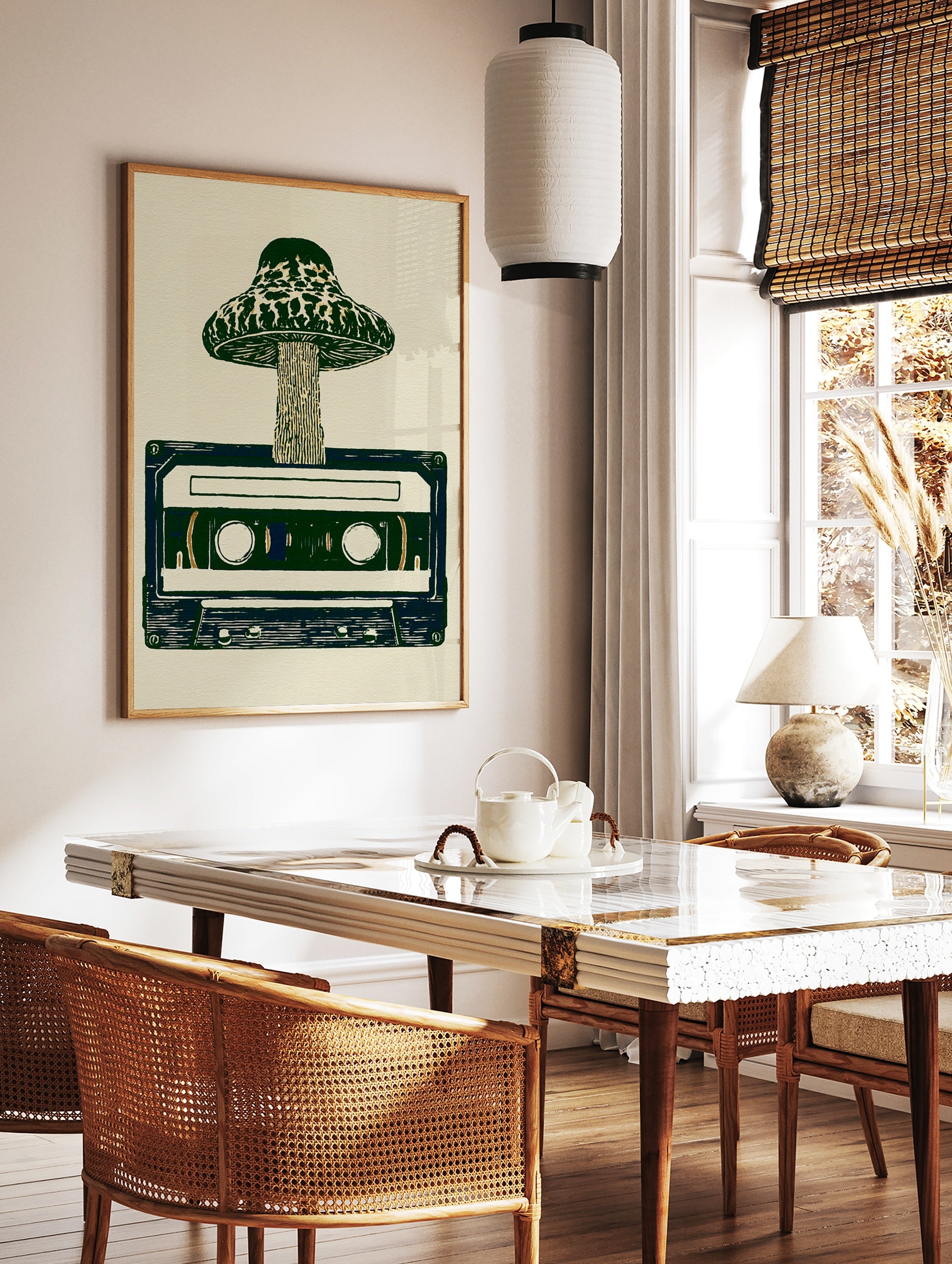 Mushroom sprouting from a retro cassette tape, illustrative art print in green and cream, in a styled room mockup