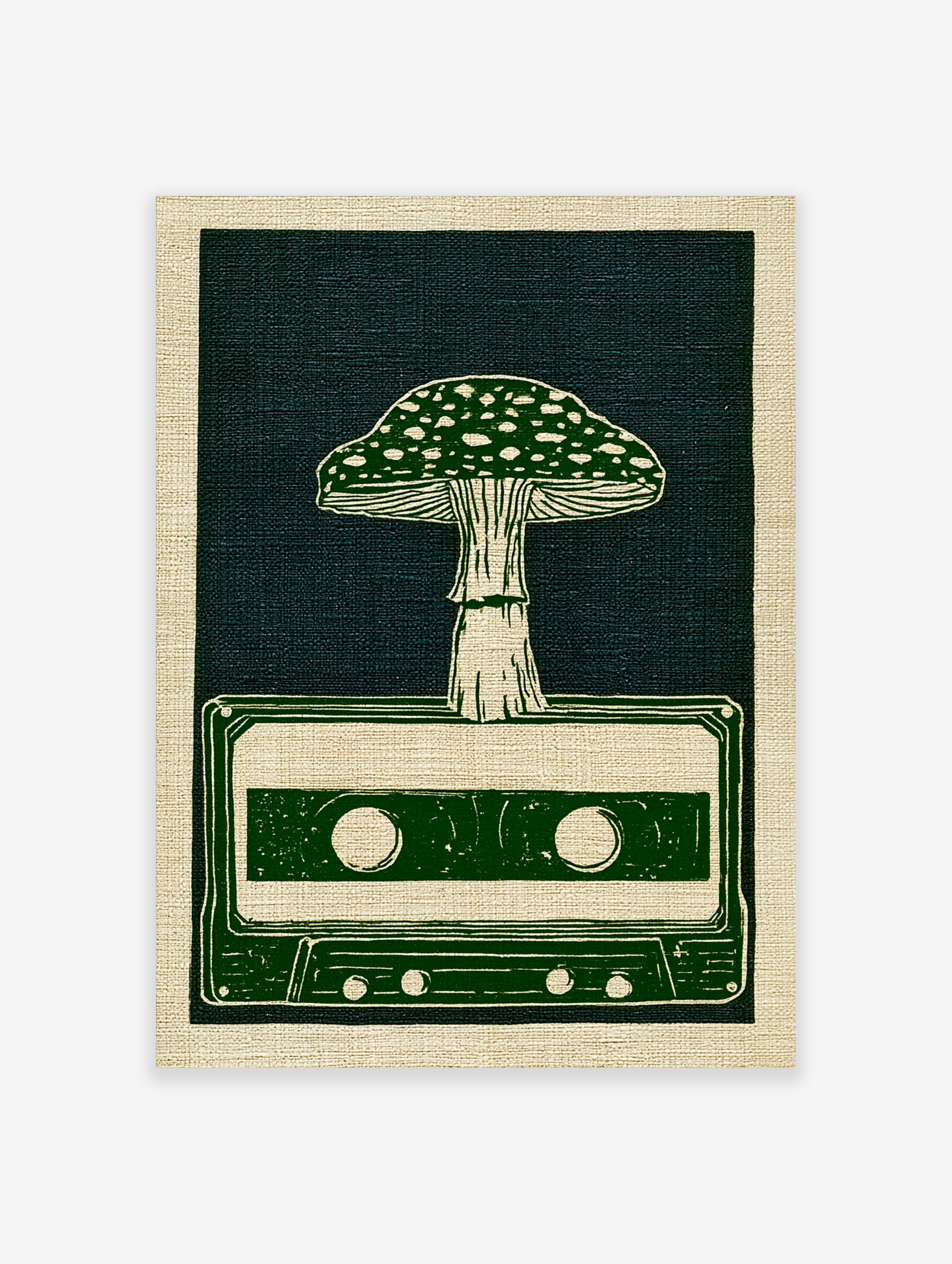 Illustrative art print of a mushroom growing out of a retro cassette tape in green and off-white