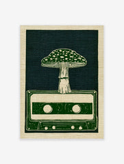 Illustrative art print of a mushroom growing out of a retro cassette tape in green and off-white