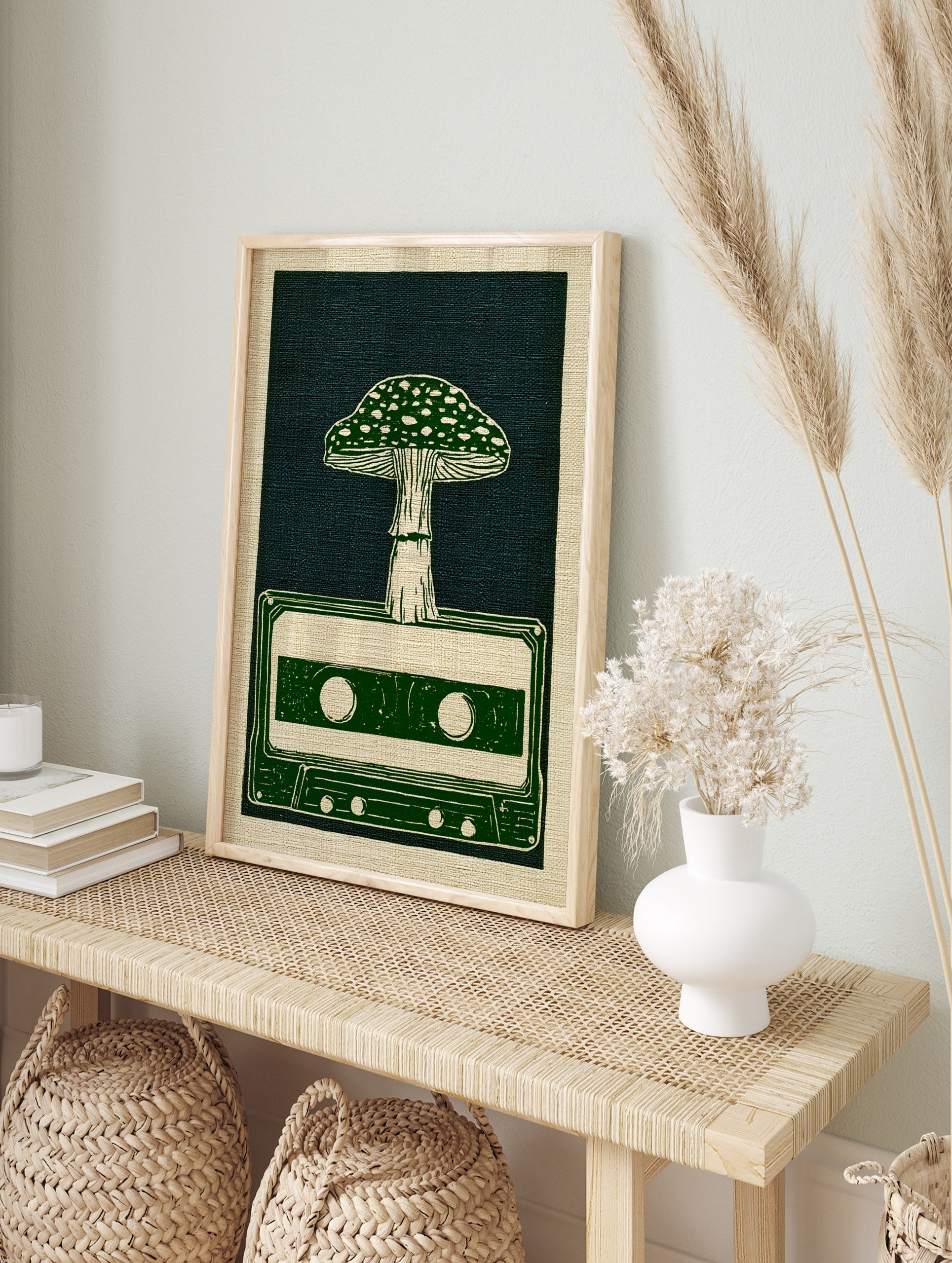 Illustrative art print of a mushroom growing out of a retro cassette tape in green and, in an alternate framed mockup