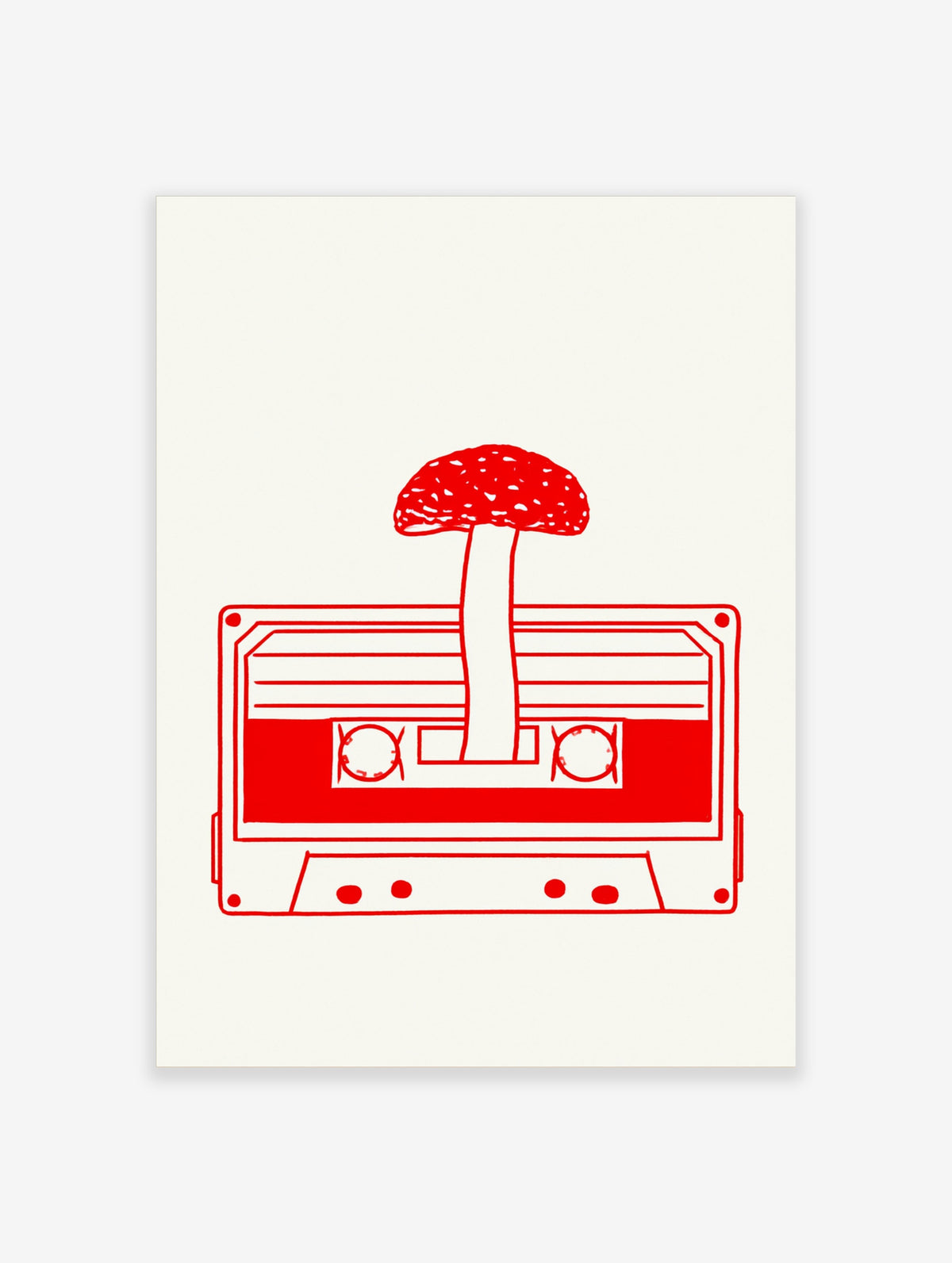Minimalist red line art of a mushroom growing from a cassette tape on a cream background