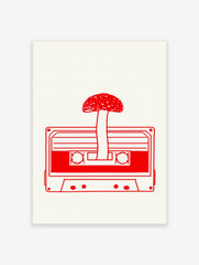 Minimalist red line art of a mushroom growing from a cassette tape on a cream background