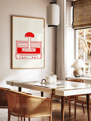 Minimalist red line art of a mushroom growing from a cassette tape on a cream background, in a styled room mockup