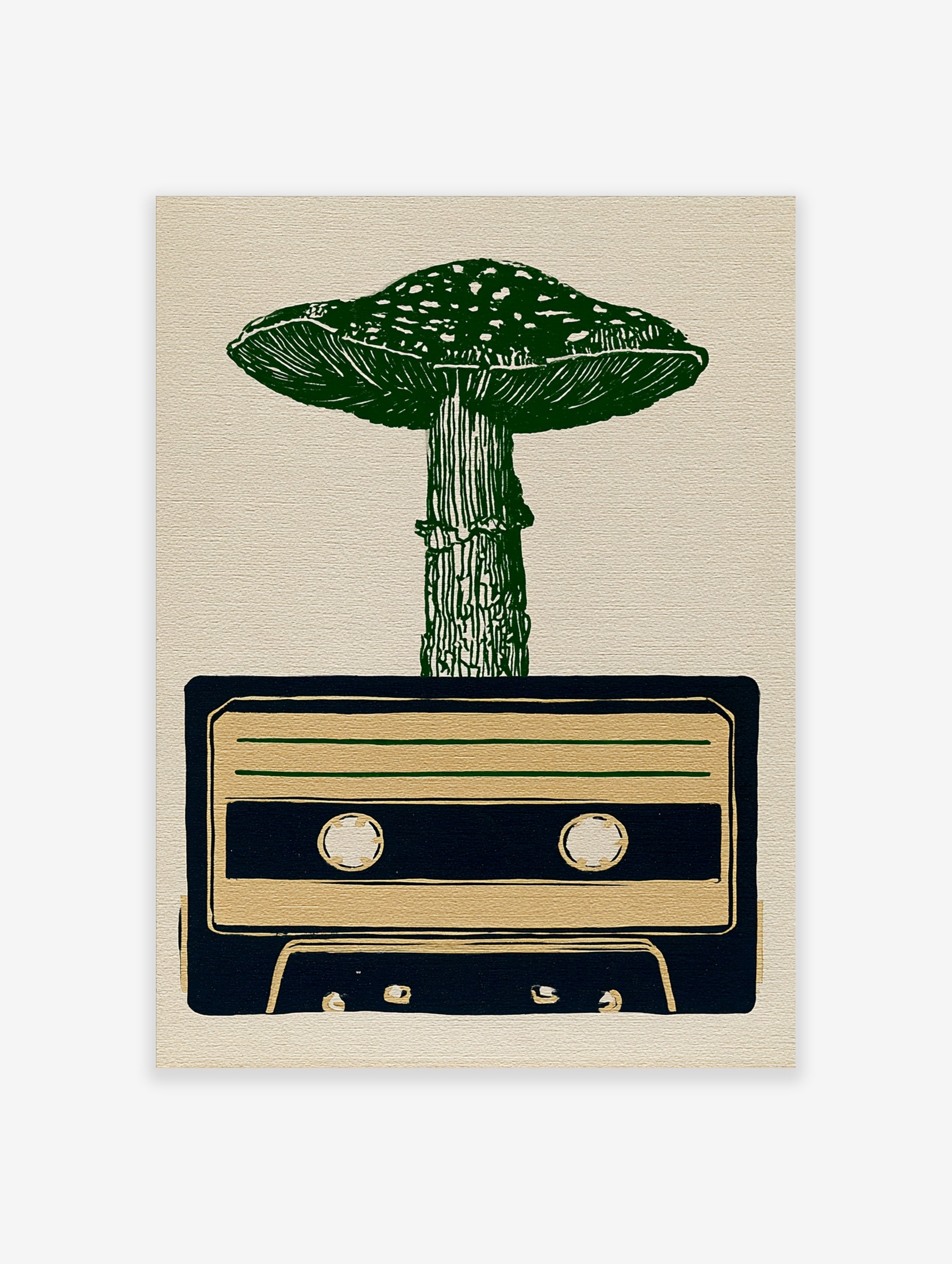 Linocut style illustration of a green mushroom growing out of a dark blue cassette tape on a tan paper background