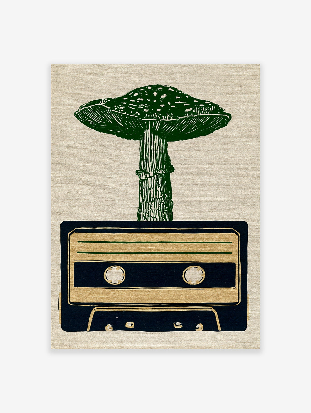 Linocut style illustration of a green mushroom growing out of a dark blue cassette tape on a tan paper background