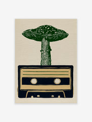 Linocut style illustration of a green mushroom growing out of a dark blue cassette tape on a tan paper background